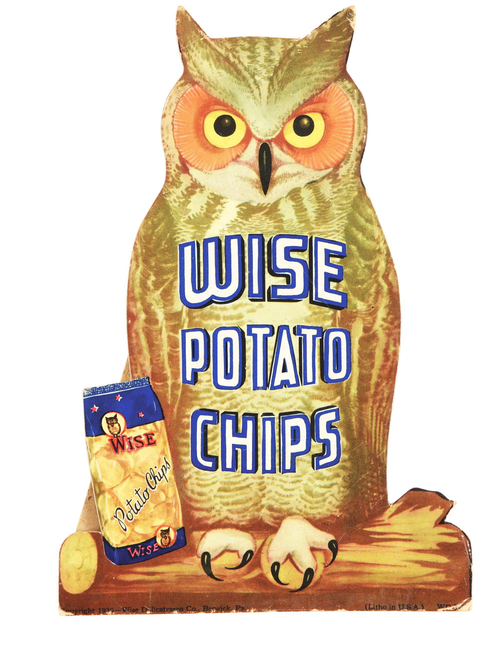 DIE-CUT CARDBOARD WISE POTATO CHIP STAND-UP SIGN.: An extremely uncommon early Wise potato chip die-cut cardboard sign, with its original cardboard stand-up, in original unused condition. Slight lifting to the cardboard along the bottom edge. Otherwis