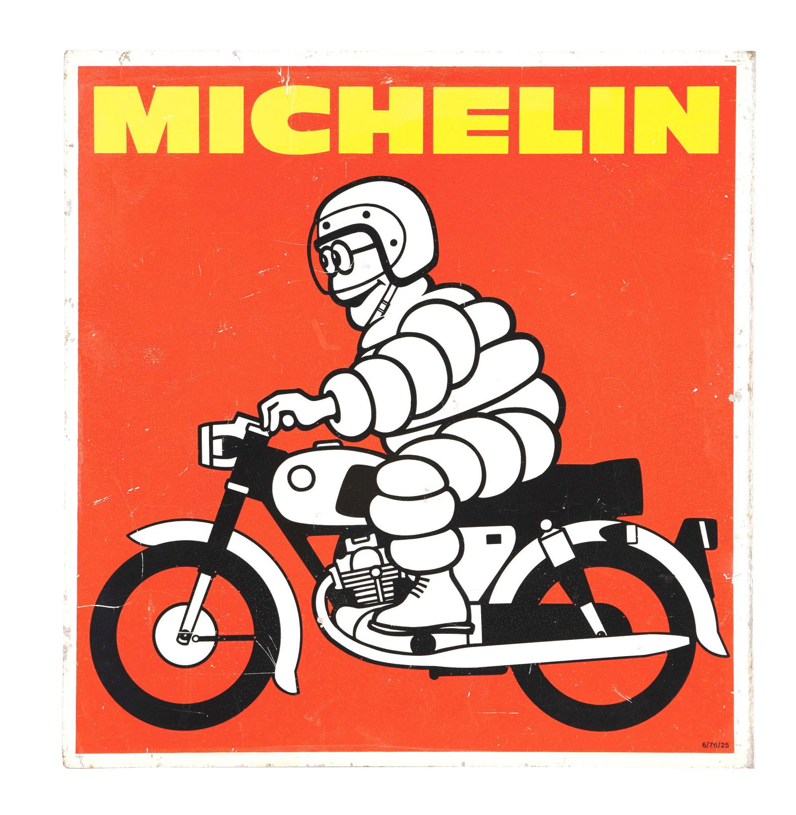 MICHELIN MOTORCYCLE TIRES TIN FLANGE SIGN W/ MOTORCYCLE: DST. An excellent example of this great sign from Michelin Tires featuring a Motorcycle graphic on each side. Each side shows good color & gloss, with minor areas of surface scratching in the field, a