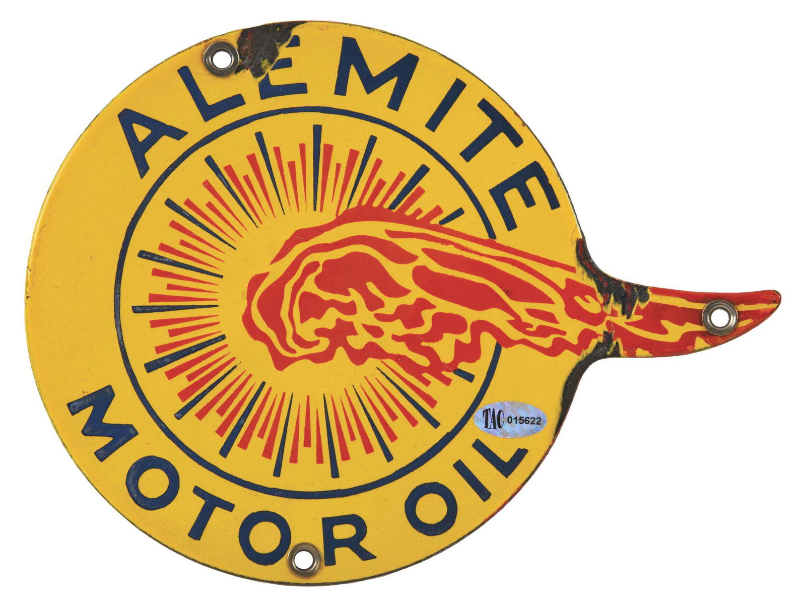 ALEMITE MOTOR OIL DIE CUT PORCELAIN LUBSTER SIGN. (1 of 2)