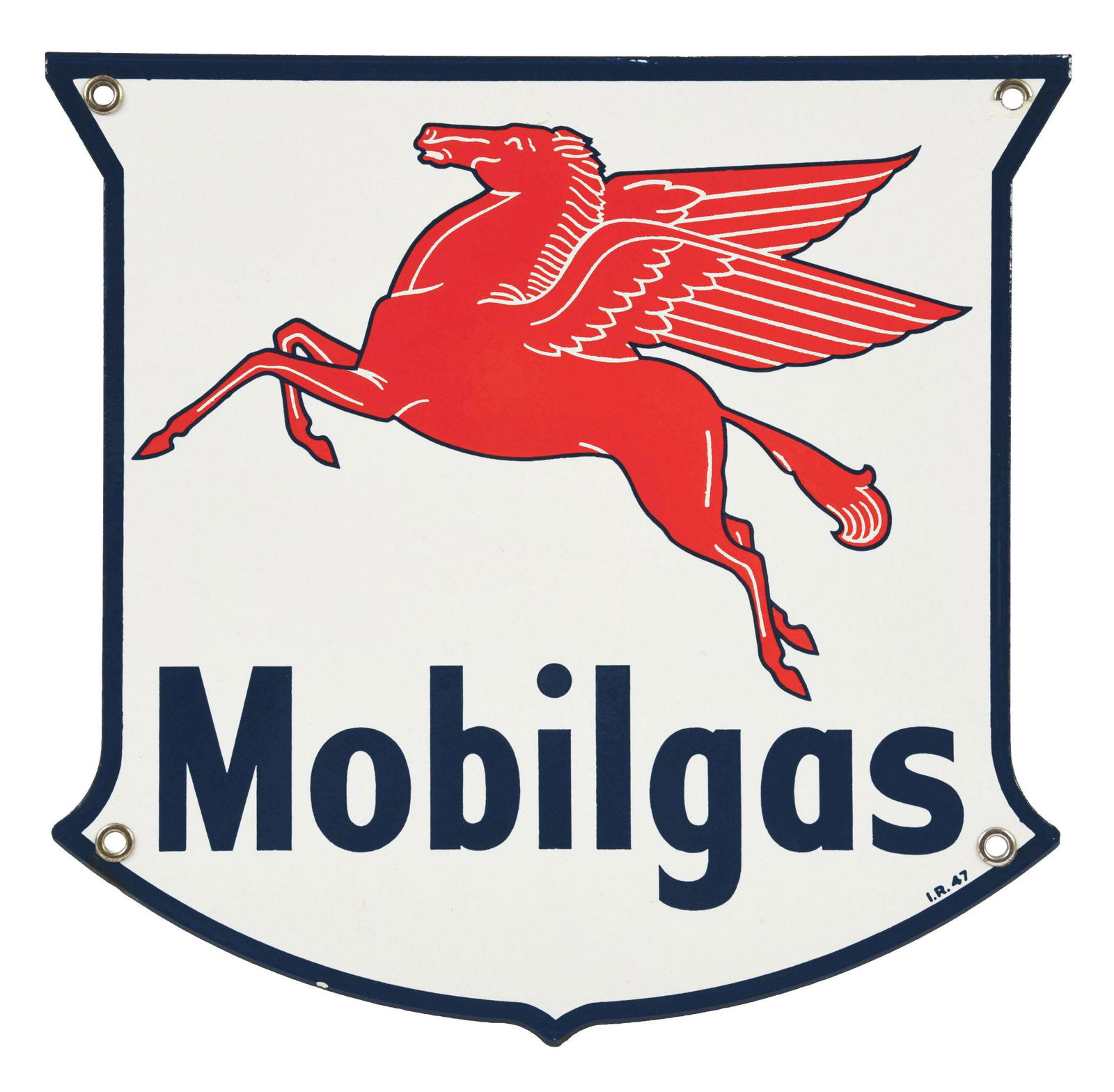 MOBILGAS PORCELAIN SHIELD PUMP SIGN W/ PEGASUS GRAPHIC. (1 of 2)