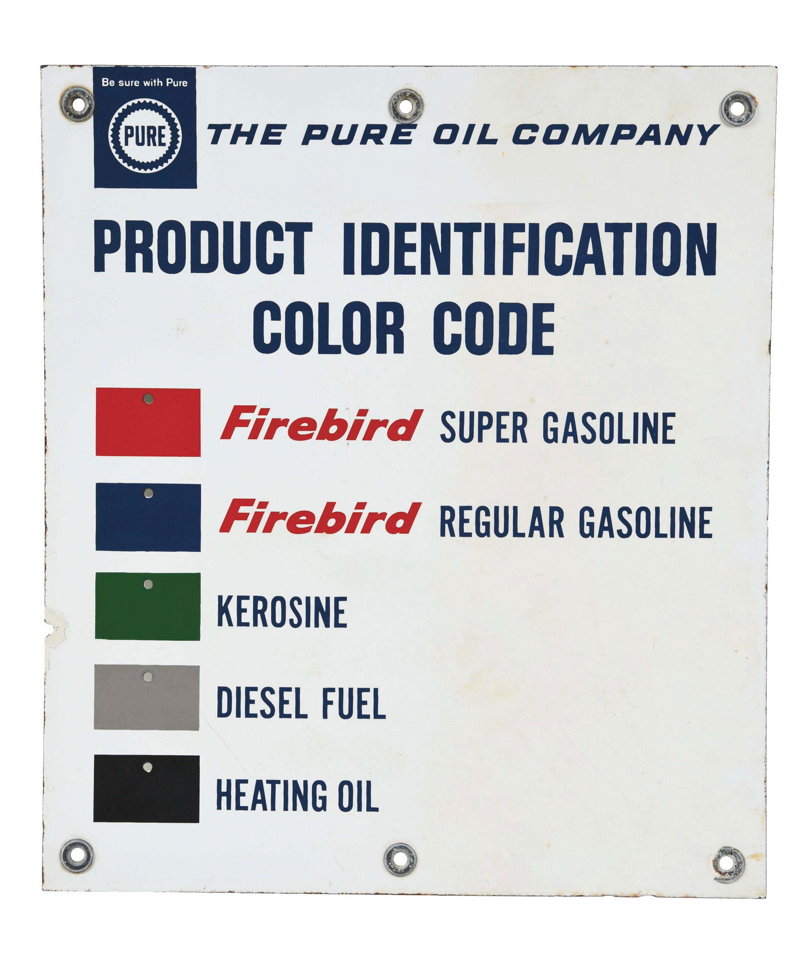 PURE GASOLINE FUEL COLOR CODE PORCELAIN SIGN. (1 of 2)