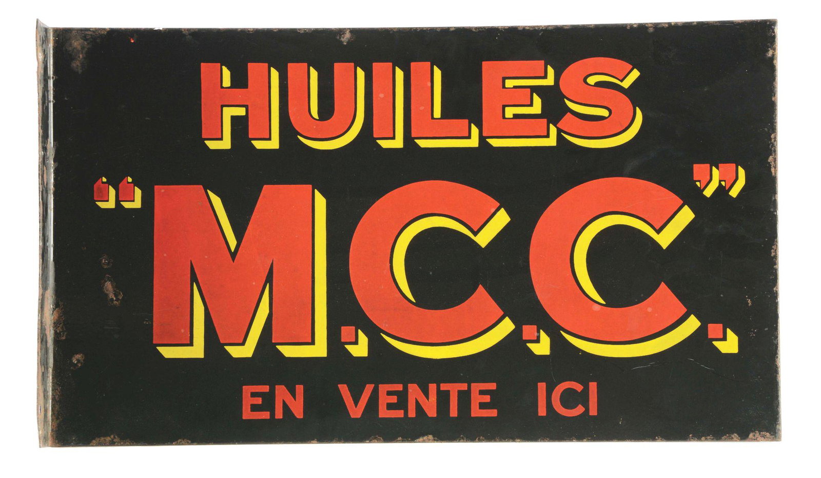 M.C.C MOTOR OIL FOR SALE HERE PORCELAIN FLANGE SIGN.: DSP. A very nice example of this sign made for the French Market. Sign shows a clean field throughout both sides, with only a couple light chips in the outer field, as well as some light chipping at t