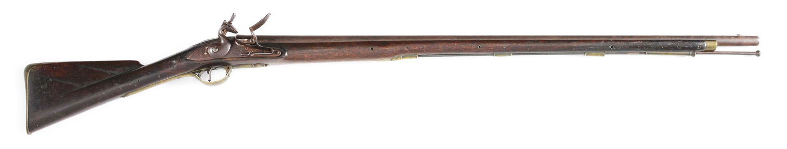 (A) AS FOUND PATTERN 1777 SHORT LAND FLINTLOCK BROWN: According to "The Brown Bess" by Erik Goldstein & Stewart Mowbray these muskets are scarce. It was produced between 1777-1782. The round tapered barrel has a bayonet lug mounted on top near the muzzle