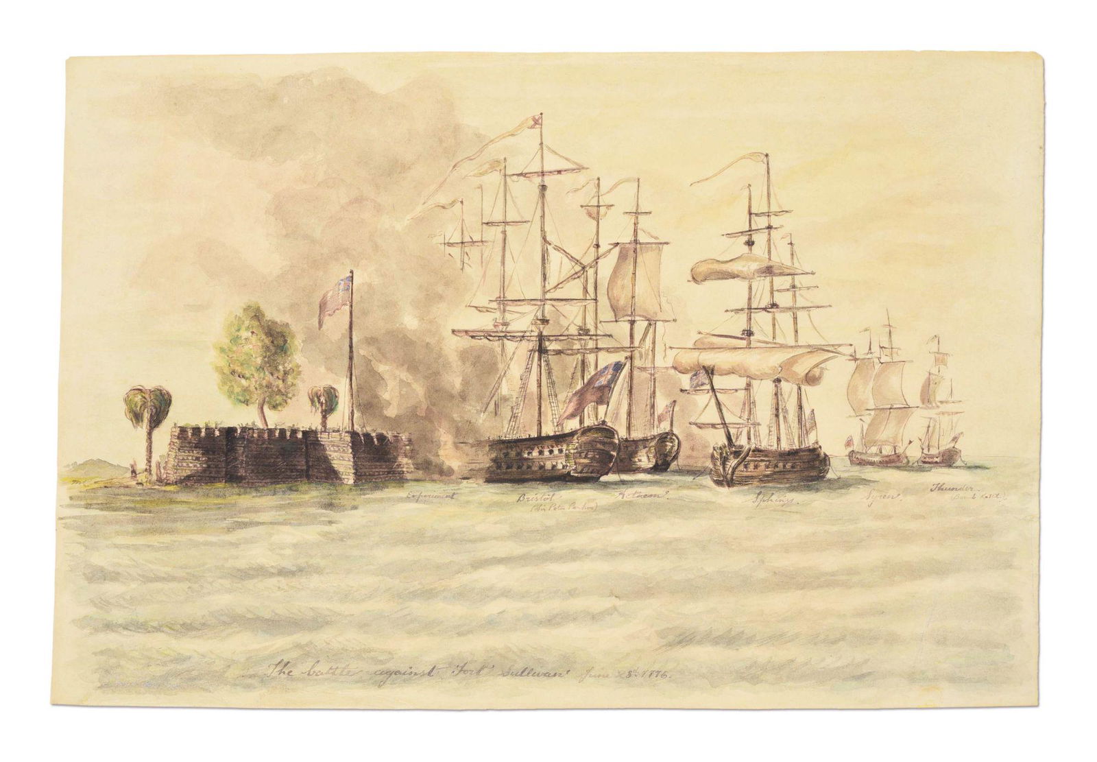 1776 BATTLE OF SULLIVAN'S ISLAND WATERCOLOR, ATTRIBUTED: Attributed to James Peale (1749-1831). "The battle against Fort Sullivan June 28th. 1776." Watercolor on paper, 11 1/2 x 17 3/16 inches. Originally sold at a Christies auction in 2004 as the work of a