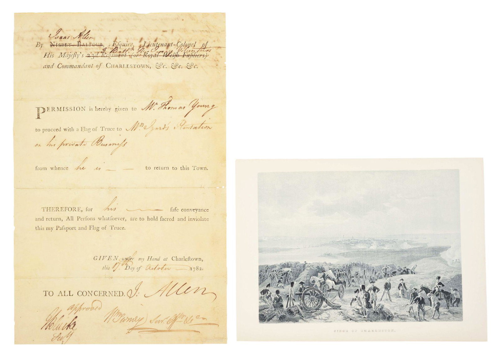 RARE 1782 LOYALIST MILITARY PASSPORT FROM CHARLESTON,: Isaac Allen (1741-1806). Partially-printed, autograph document signed, 1 p., folio, 12 1/4 x 7 7/8 inches, laid paper bearing crown/Britannia watermark, dated "Charlestown, this 17th Day of October 17
