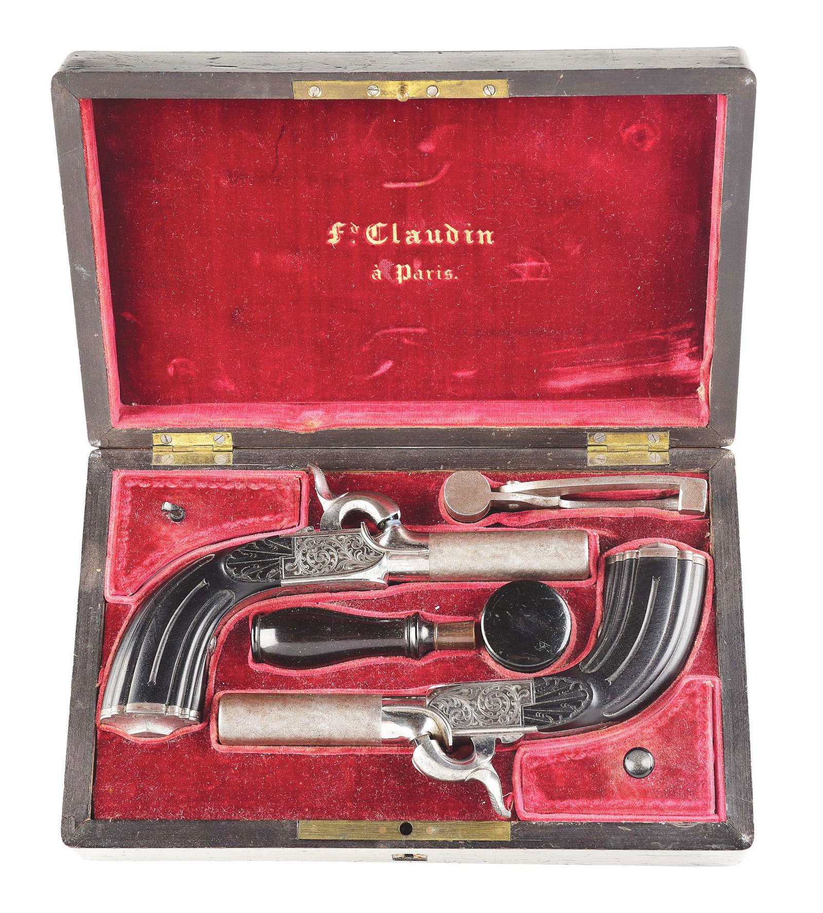 (A) CASED PAIR OF BELGIAN BOXLOCK PERCUSSION PISTOLS,: Twist off rifled Damascus barrels marked with "R" near breeches. Patent breeches with Belgian proofs and scalloped breeches near nipples, serial numbers on bottom. No front sights, rear sights integra