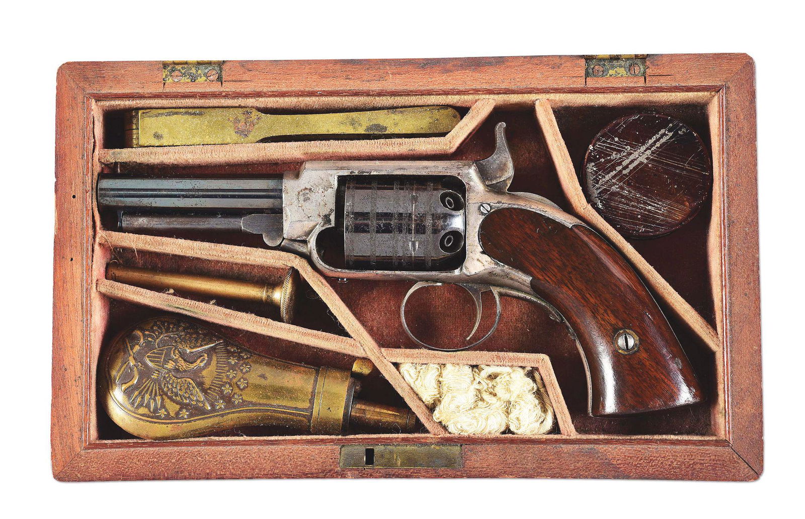 (A) WARNER 1857 .31 POCKET REVOLVER WITH CASE AND: Scarce James Warner pocket model revolver. .31 caliber percussion 6-shot cylinder. 3" round barrel. Scalloped silver plated iron frame. Blue barrel and cylinder with case hardened hammer, and loading