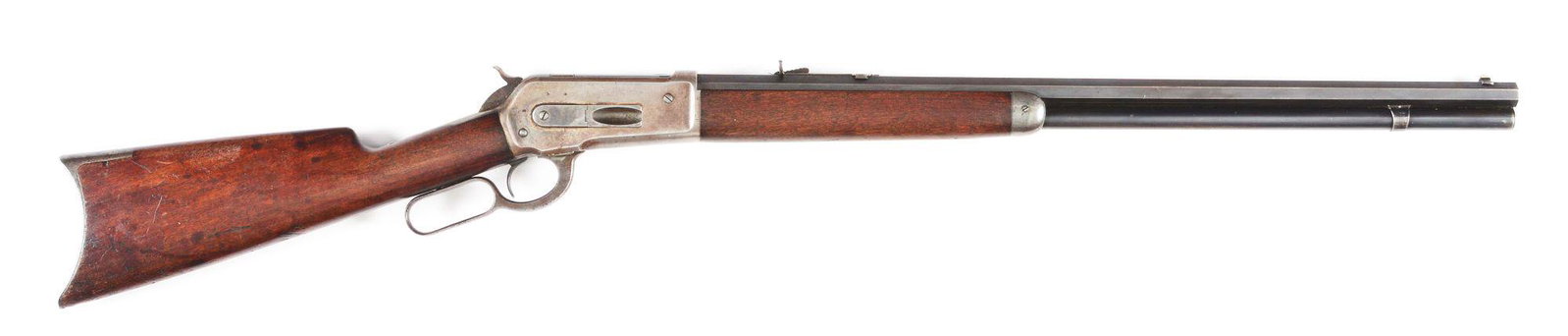 (A) WINCHESTER 1886 LEVER ACTION RIFLE IN .40-82.: 1890 vintage Model 1886 rifle, serial number 43972. Full octagon 26" tapered barrel with full length magazine tube. Plain straight grain walnut stock and forearm with a rifle style crescent buttplate.