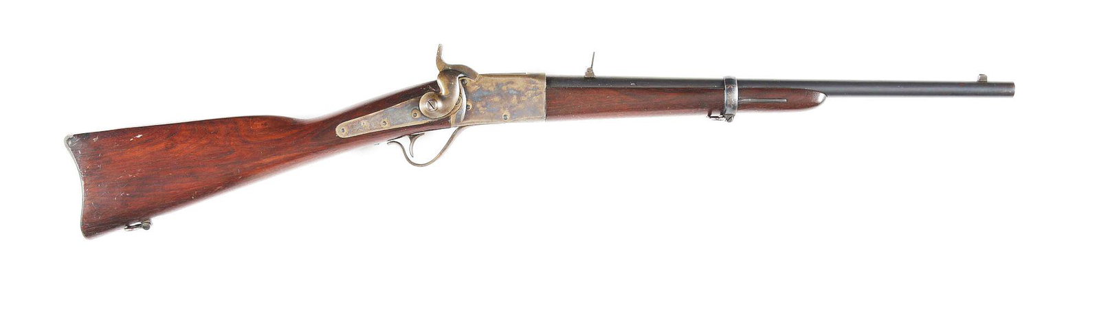 (A) PEABODY CARBINE SINGLE SHOT RIFLE: Manufactured in 1866-1871 by the Providence Tool Company, Providence Rhode Island. Blue 20" barrel with casehardened frame, lever, and hammer. Straight grain walnut stock and forearm. Saddle ring on l
