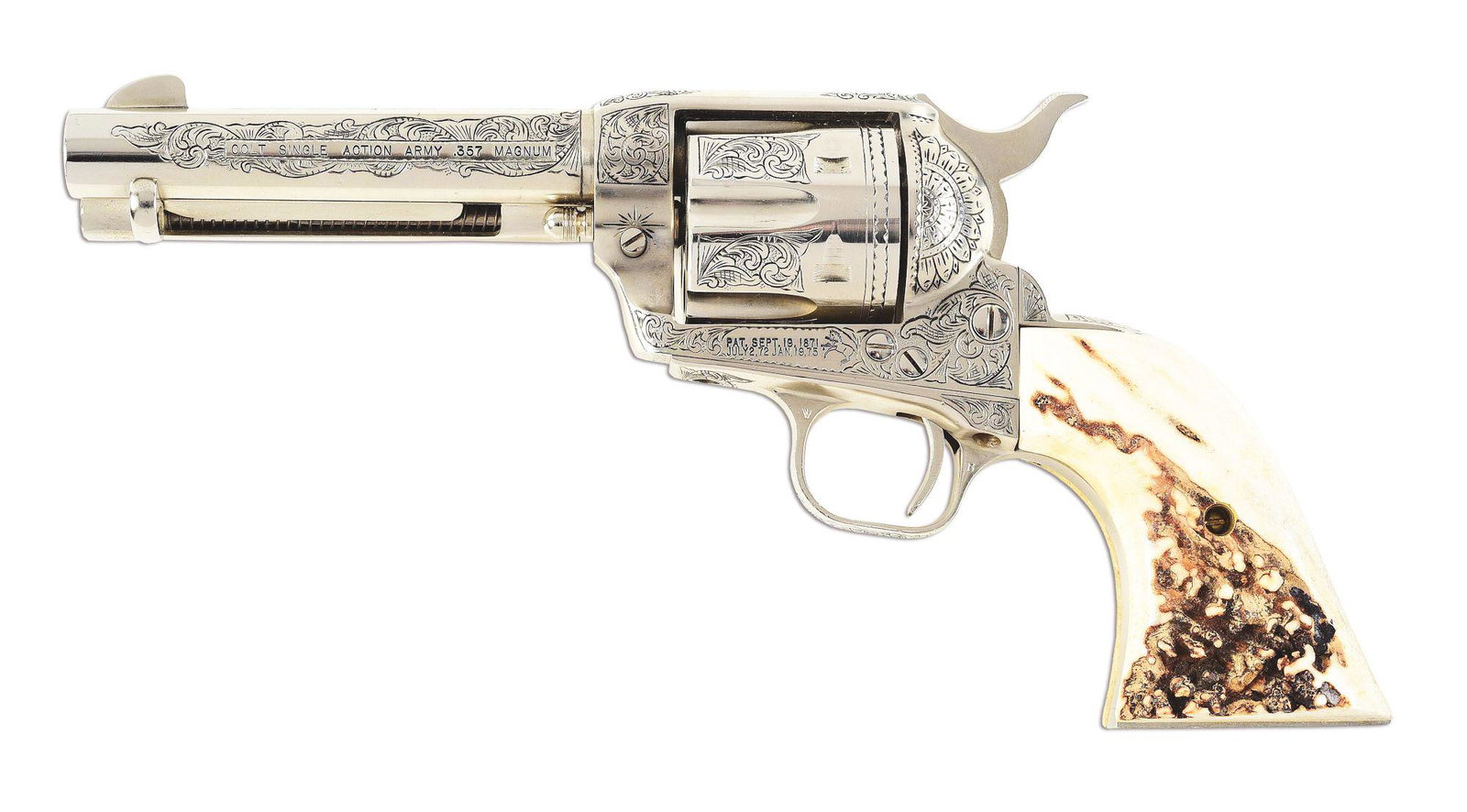 (M) COLT SINGLE ACTION ARMY .357 MAGNUM REVOLVER: Second Generation Colt Single Action Army Revolver. 4 - 3/4" barrel, chambered in .357 magnum. Nickel with two piece stag grips. Custom engraved. Engraver or date of engraving unknown. Appears to have