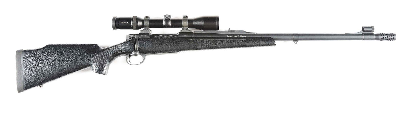 (M) JARRETT PROFESSIONAL HUNTER .450 RIGBY BOLT ACTION: Jarrett is a well regarded name in the hunting community due to the quality of his rifles and the Professional Hunter is no exception. This example is built on a McMillan Bros MCRT action with two lug