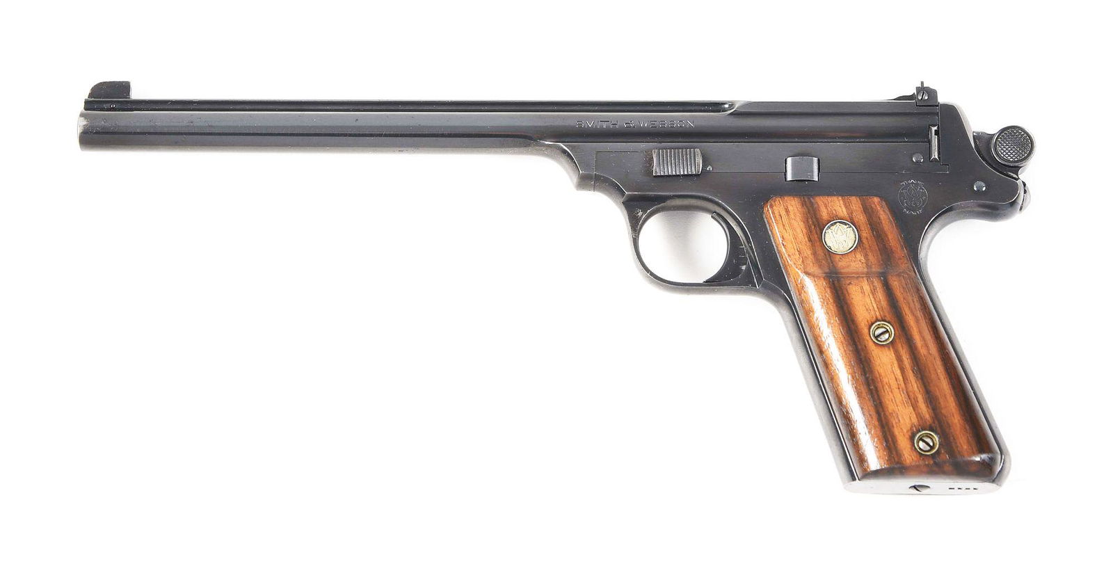 (C) SMITH & WESSON STRAIGHT LINE .22 LR SINGLE SHOT: Fourth model single shot .22 caliber target pistol known as The Straight Line Target. 10" side-swing barrel. Blue finish with a pinned Partridge front sight and an adjustable rear sight. Pistol resemb