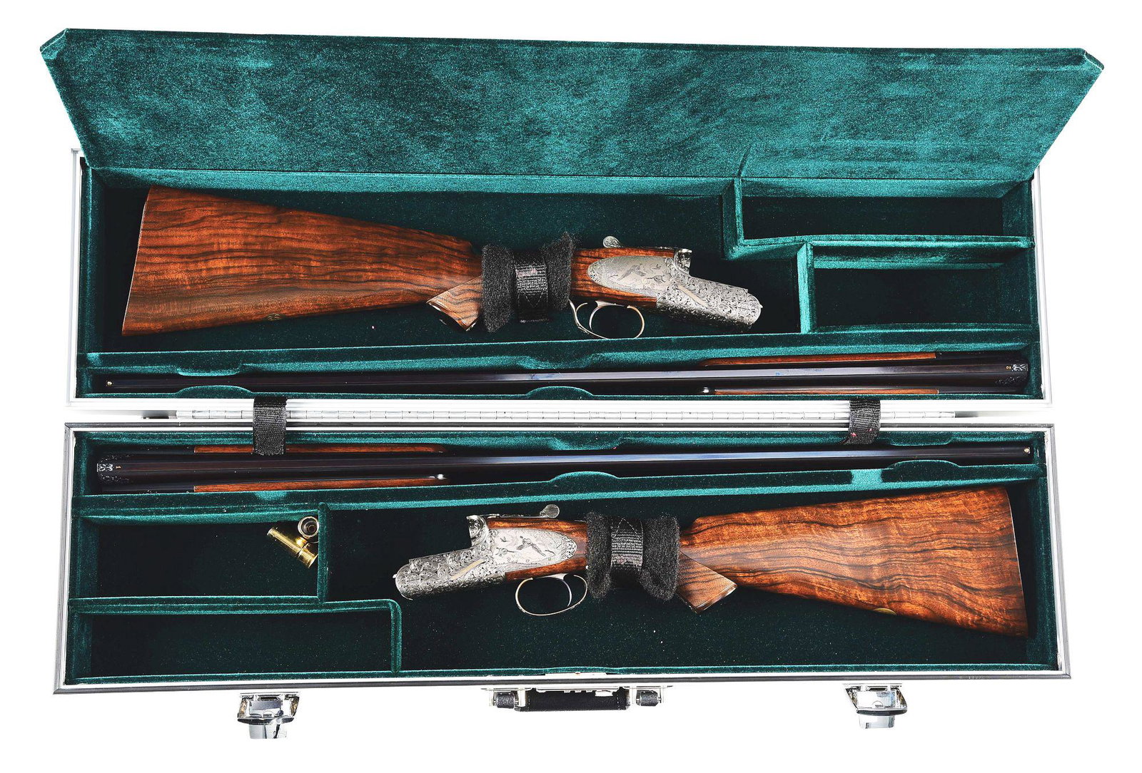 (M) STUNNING CASED PAIR OF E.J. CHURCHILL PREMIERE 16: Built in 2003. An exquisite pair of 16 bore, pinless sidelocks with 30" demi-block steel rust blued barrels, flat and smooth topped narrow ribbed game guns. Both sets of barrels feature 2 – 3/4" cha