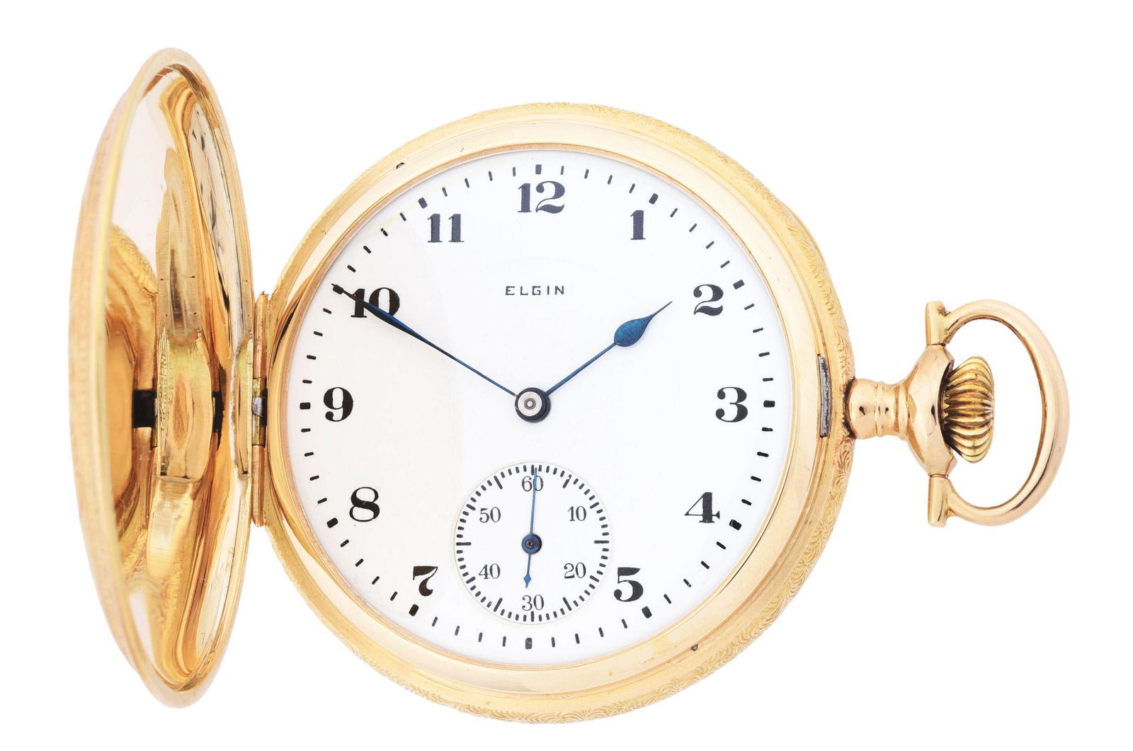 14K GOLD ELGIN 386 MULTICOLOR H/C POCKET WATCH W/STAG. (1 of 8)