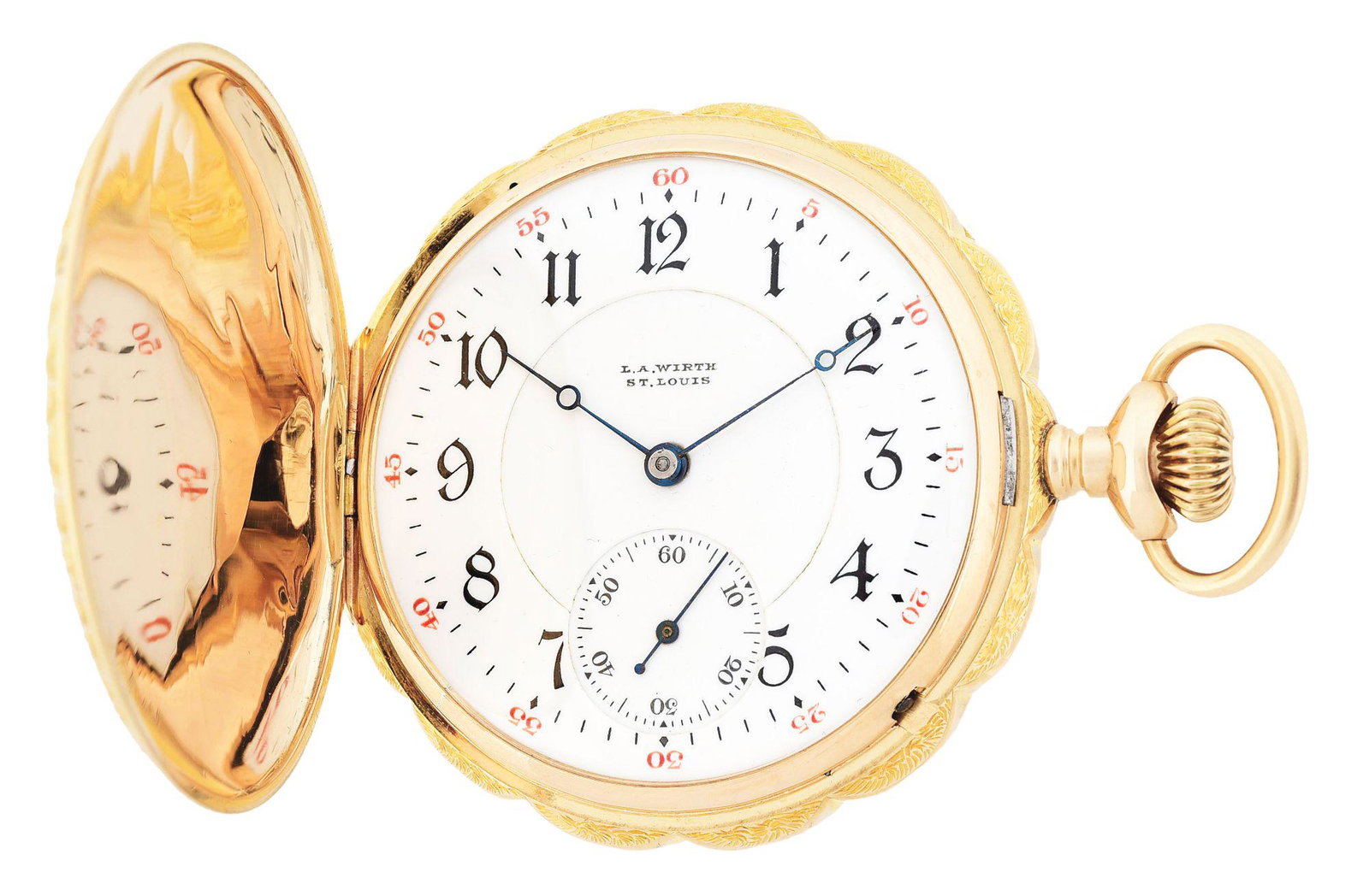 14K GOLD ILLINOIS PRIVATE LABEL FOR L. A. WIRTH, ST.: 14K Gold Illinois Watch Co., Springfield, Illinois, Private Label for L. A. Wirth, St. Louis, Missouri, grade 175, Model 4, Multicolor Scalloped Hunter Case Pocket Watch, Circa 1908. Beautifully hand 