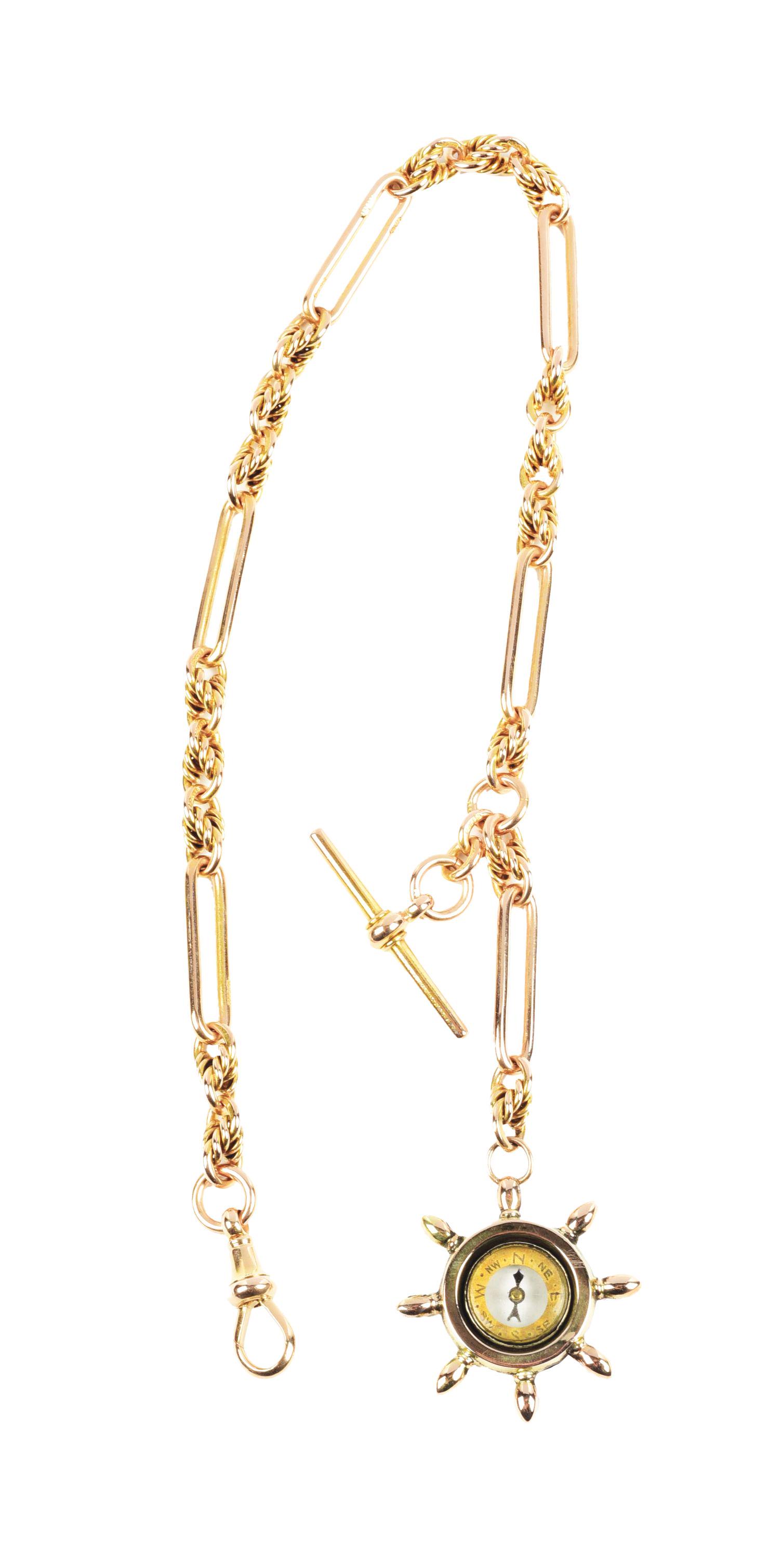 14K YELLOW GOLD CHAIN NECKLACE WITH 9K COMPASS FOB.: 14K Yellow Gold pocket watch chain with 9K compass fob has long 1" long oval links. No damage or repairs. 32 dwt.