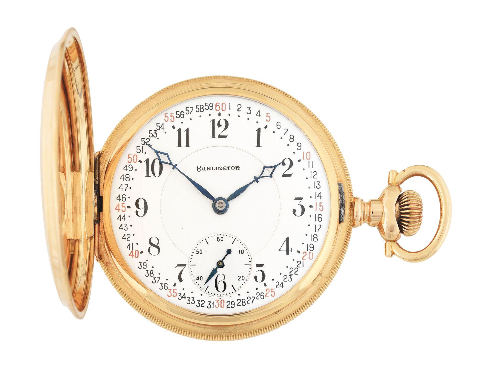 14K GOLD BURLINGTON H/C POCKET WATCH W/SINGLE MINUTE (1 of 8)