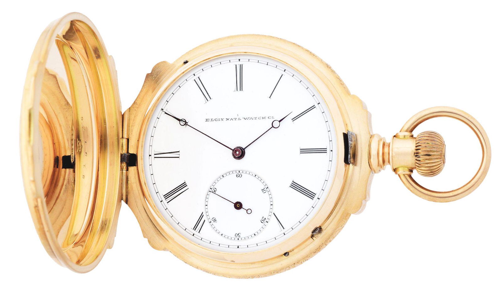 14K GOLD ELGIN 50 BOX HINGE H/C POCKET WATCH W/STAG. (1 of 9)