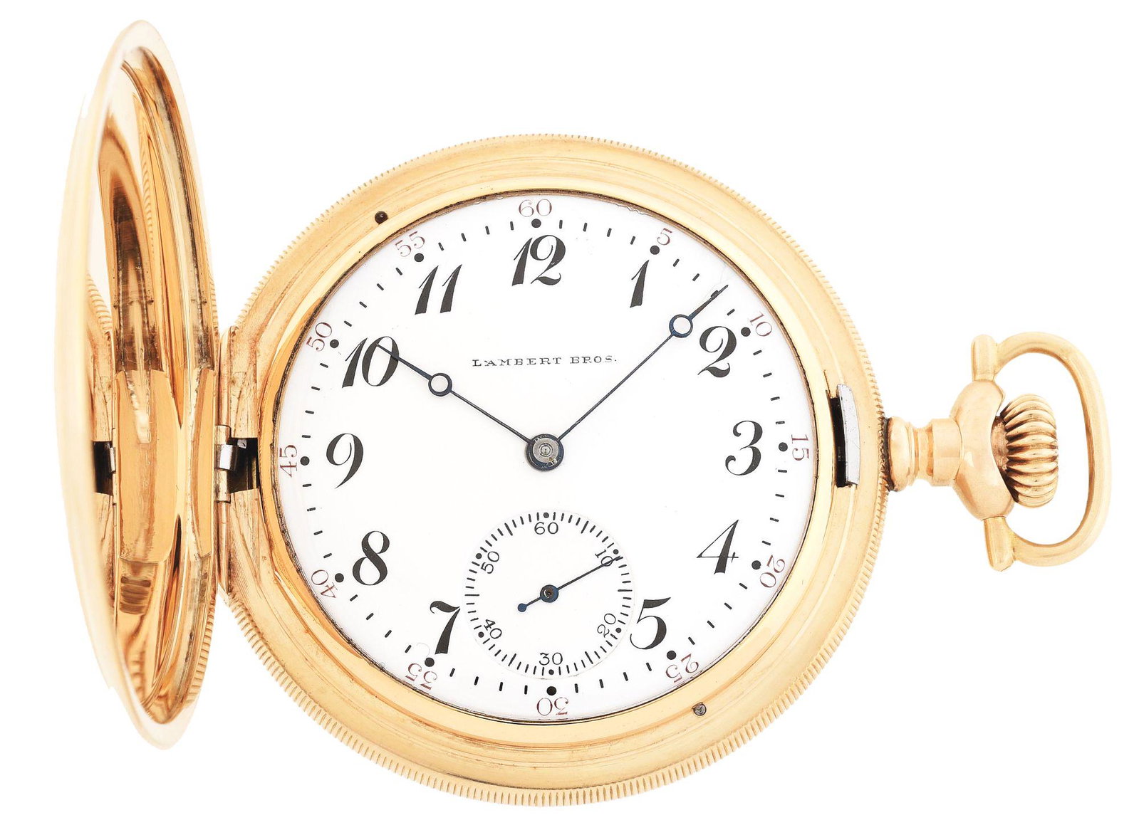 14K GOLD LAMBERT BROS. PRIVATE LABEL HAMILTON 975 H/C: 14K Gold Hamilton Watch Co., Lancaster, Pa., for Lambert Bros., New York, Private Label, Grade 975, Model 1, Hunter Case Pocket Watch, Circa 1908. Beautiful engine turned case with shield framed with 