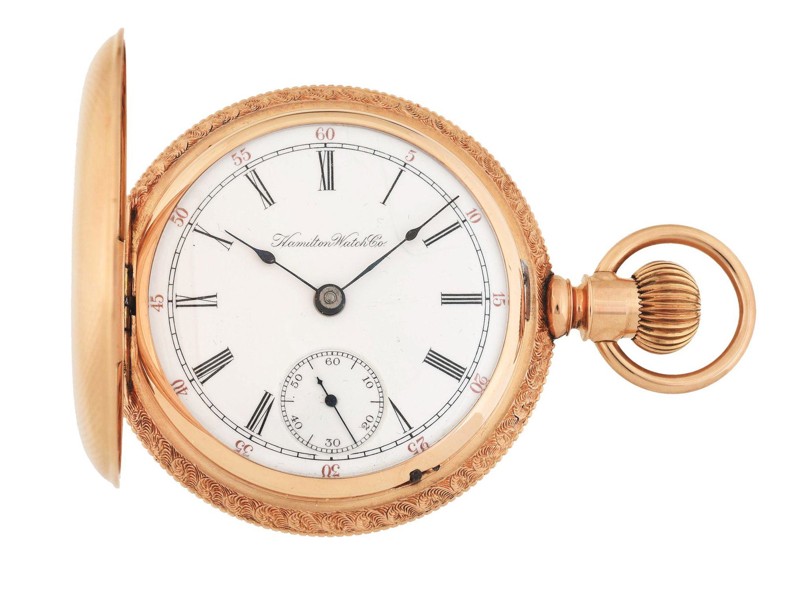 14K PINK GOLD HAMILTON 925 HEAVY H/C POCKET WATCH,: 14K Pink Gold Hamilton Watch Co., Lancaster, Pa., Grade 925, Model 2, Size 18 Heavy Hunter Case Pocket Watch, Circa 1902. Beautiful engine turned case with knife-edge rim and shield, having no monogra