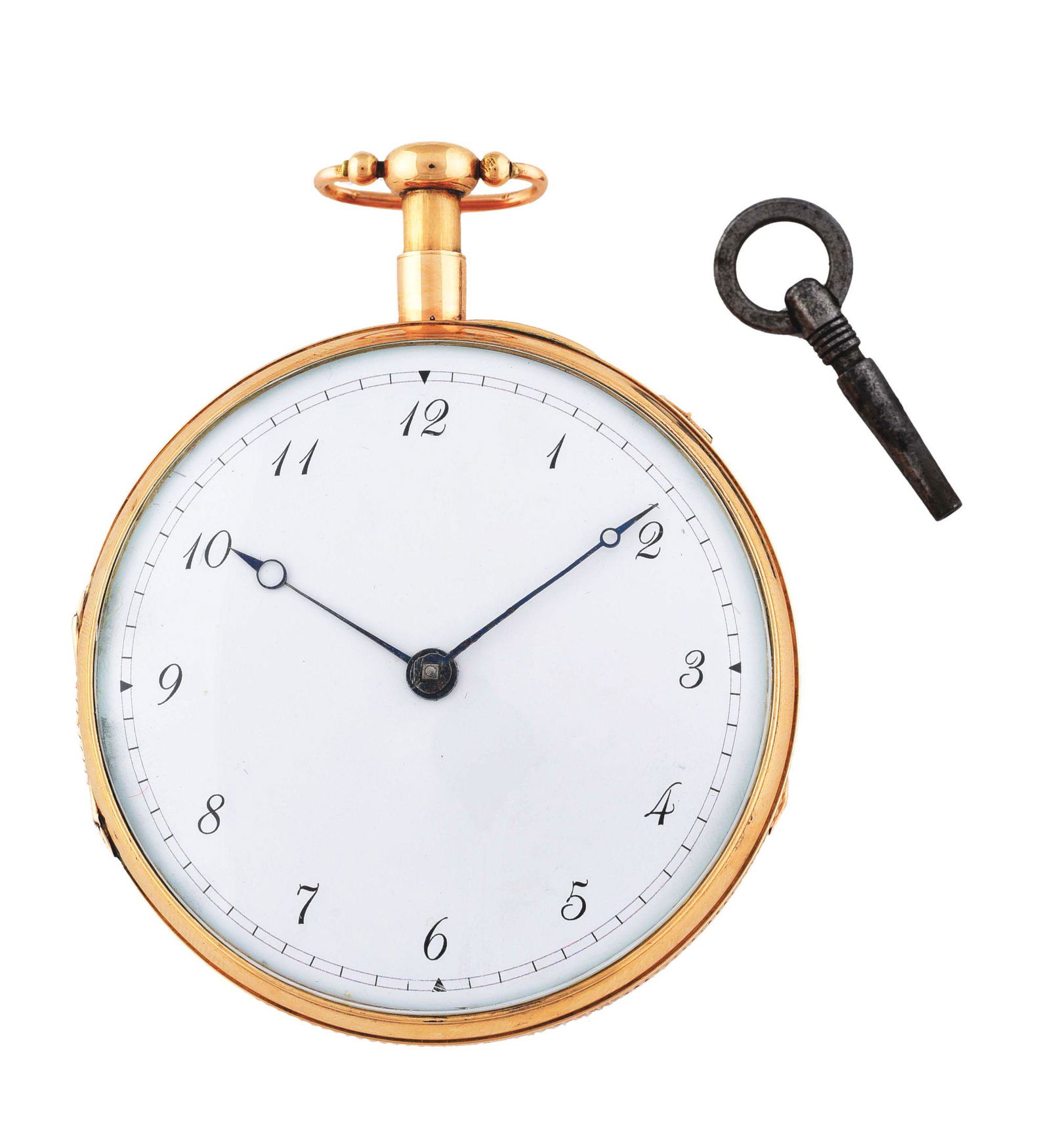 18K PINK GOLD GRAND SONNERIE MUSICAL O/F CLOCK WATCH: 18K Pink Gold Grand Sonnerie Musical Open Face Clock Watch with Quarter-Hour Repeater and Key. Case stamped "K18" with case maker mark "SSS" and numbered "1483". Movement and hinged dust cover engrave