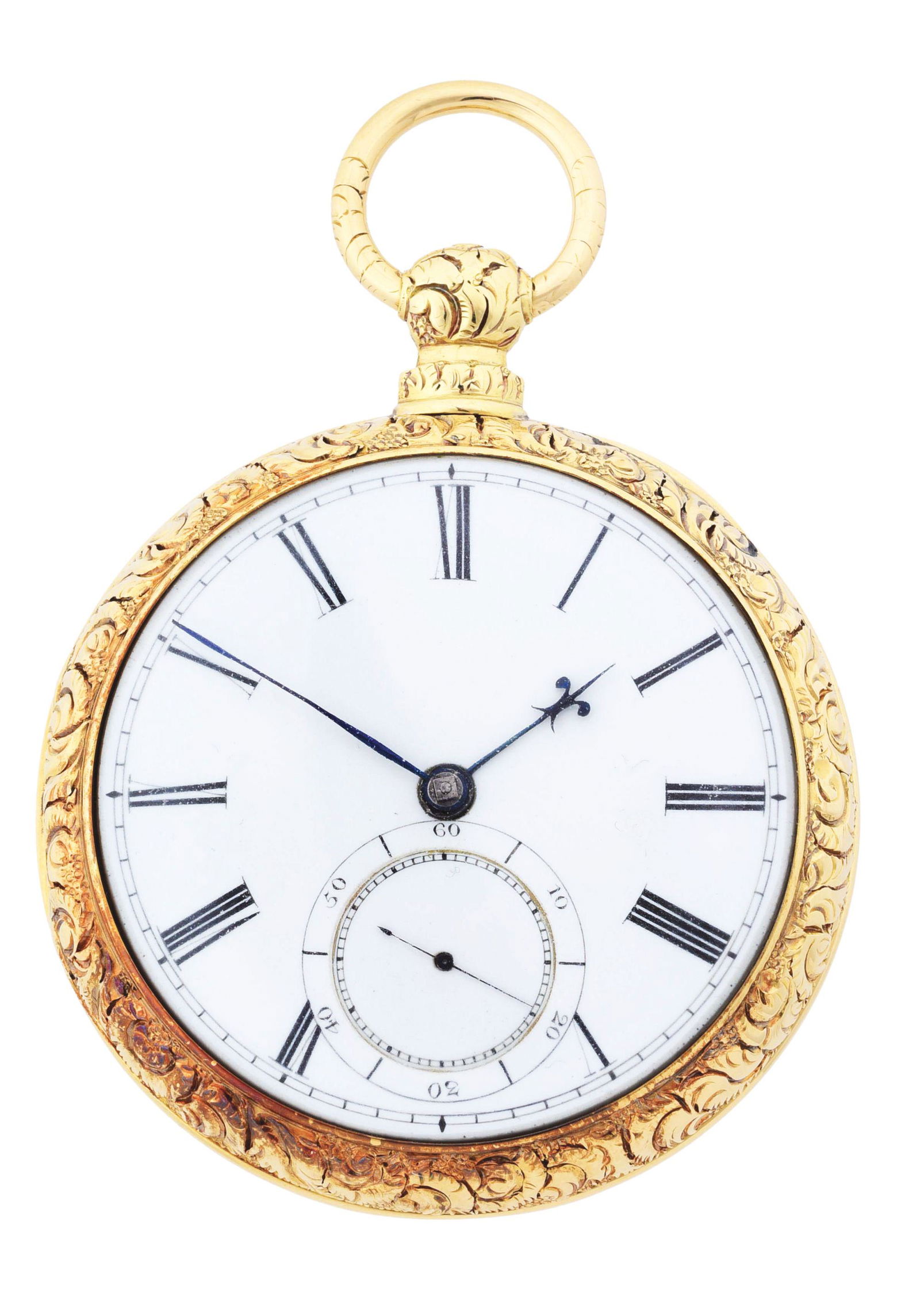 FINE 18K GOLD T.F. COOPER, LONDON, O/F FUSEE POCKET: Fine 18K Yellow Gold Thomas Frederick Cooper, No.4 Duncan Place, City Road, London, Open Face Fusee Pocket Watch w/#6 Key, Circa 1840's. Case is beautifully hand engraved/decorated with flowers and fo