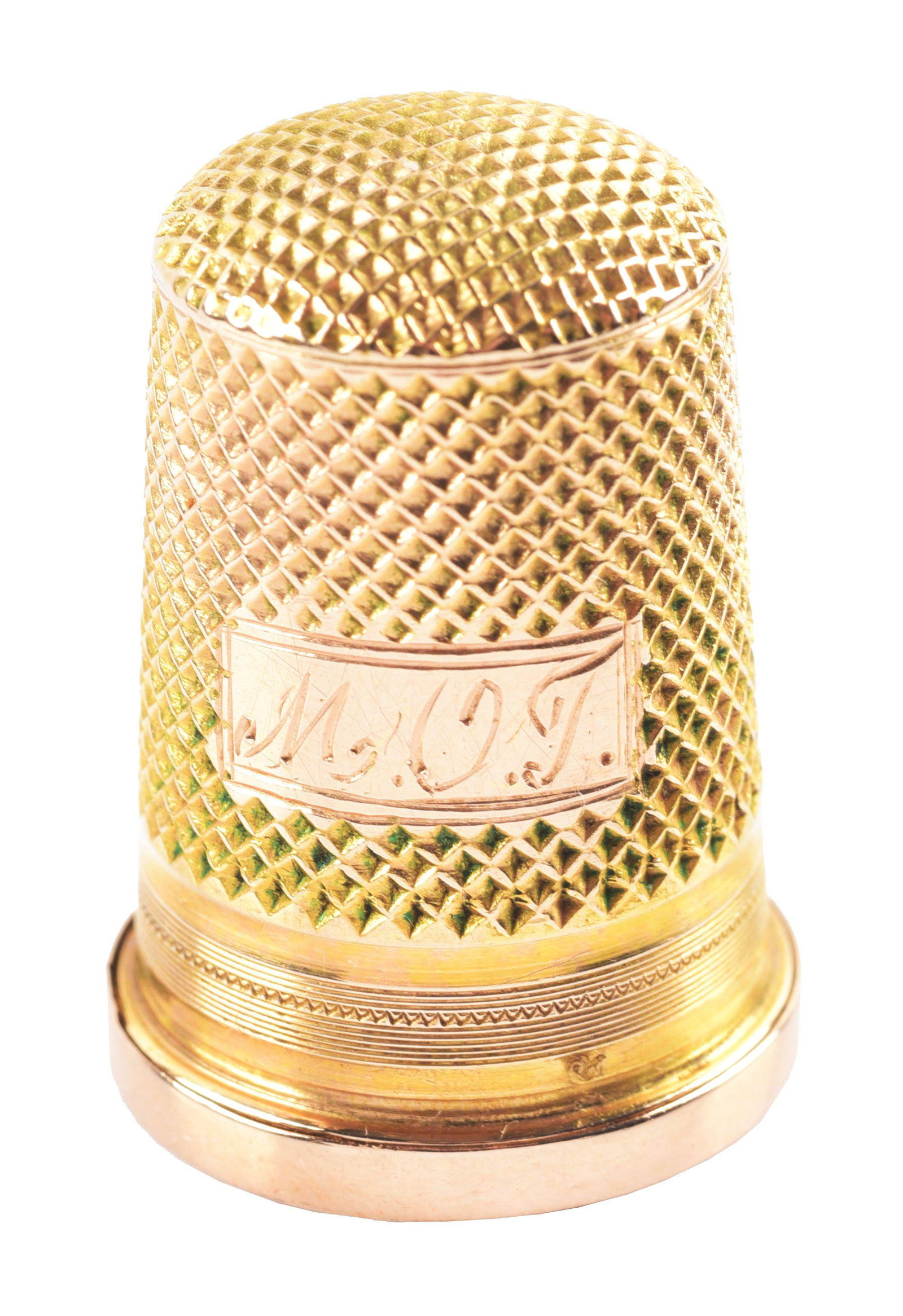RARE 14K YELLOW GOLD THIMBLE AND SCENT BOTTLE.: 1" tall and with stopper. No damage. Condition: (Excellent). Dimensions: Box: 1 - 7/8" x 1 - 3/4" x 1 - 5/8".