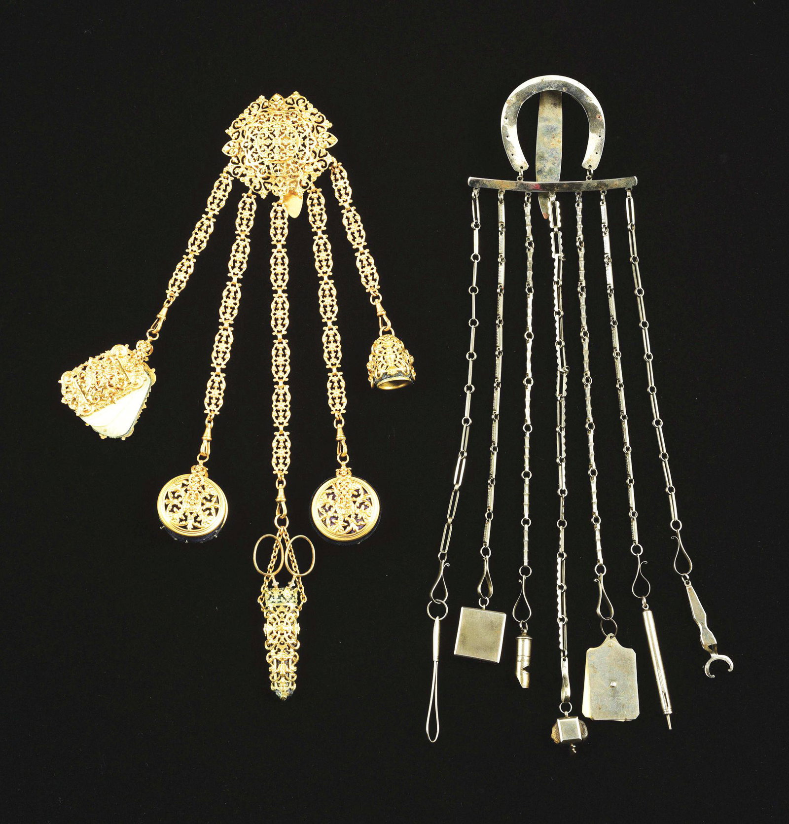 LOT OF 2: VICTORIAN CHATELAINE.: First is a c. 1870 English gold gilt chatelaine with five accessories, 12" long with thimble holder, scissor holder with scissors, two pin cushions and one pad. Exquisite detail. The second is steel w