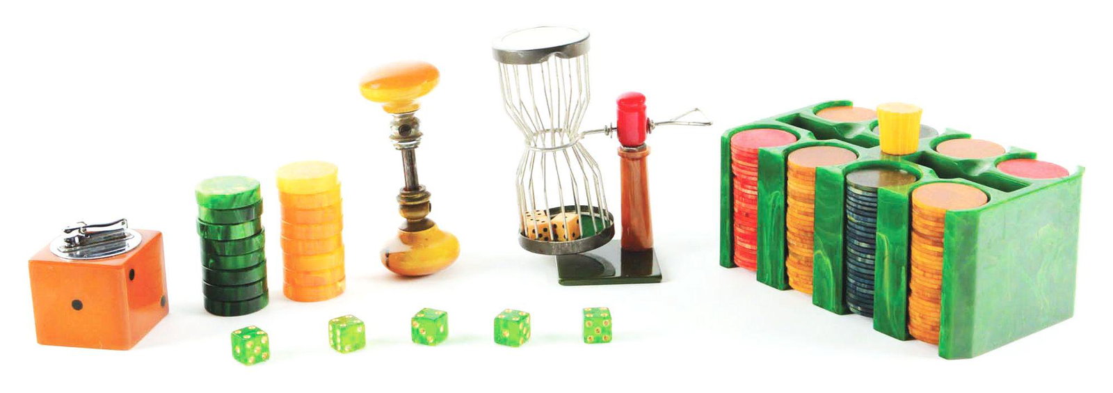 LOT OF BAKELITE PIECES.: Lot includes: first, a Poker chip tray with 200 chips, tray with 2 holders for cards, 7" x 4" x 3"; a cigarette lighter with dice motive, 2" square; a dice cage holder that flips; butterscotch door ha