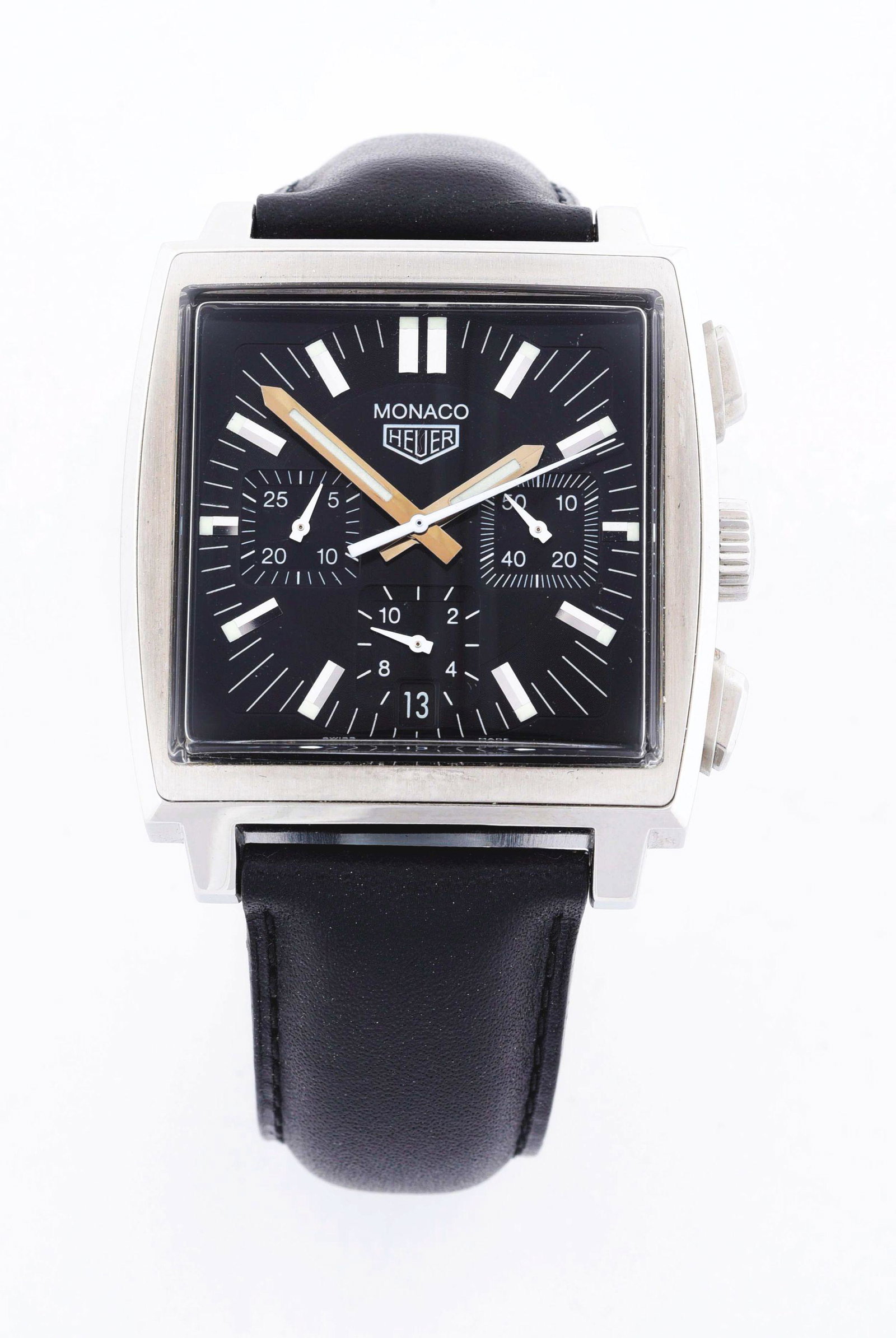 MENS STAINESS STEEL TAG HEUER MONACO CLASSIC SQUARE: Men's Tag Heuer Classic "Heuer" Monaco automatic chronograph square wristwatch in stainless steel. Reference No. CS2111. Case No. 021xx. Case diameter 38mm. Original slightly worn black stitched padde