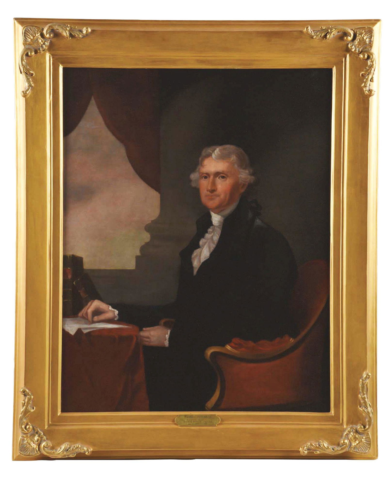 PORTRAIT OF THOMAS JEFFERSON AFTER GILBERT STUART.: Unsigned, after the 1805 portrait by Gilbert Stuart (1755 - 1828). Relined, new stretchers. Large L shaped tear and repair in bottom left corner. Heavily restored. This is not a standard shippable ite