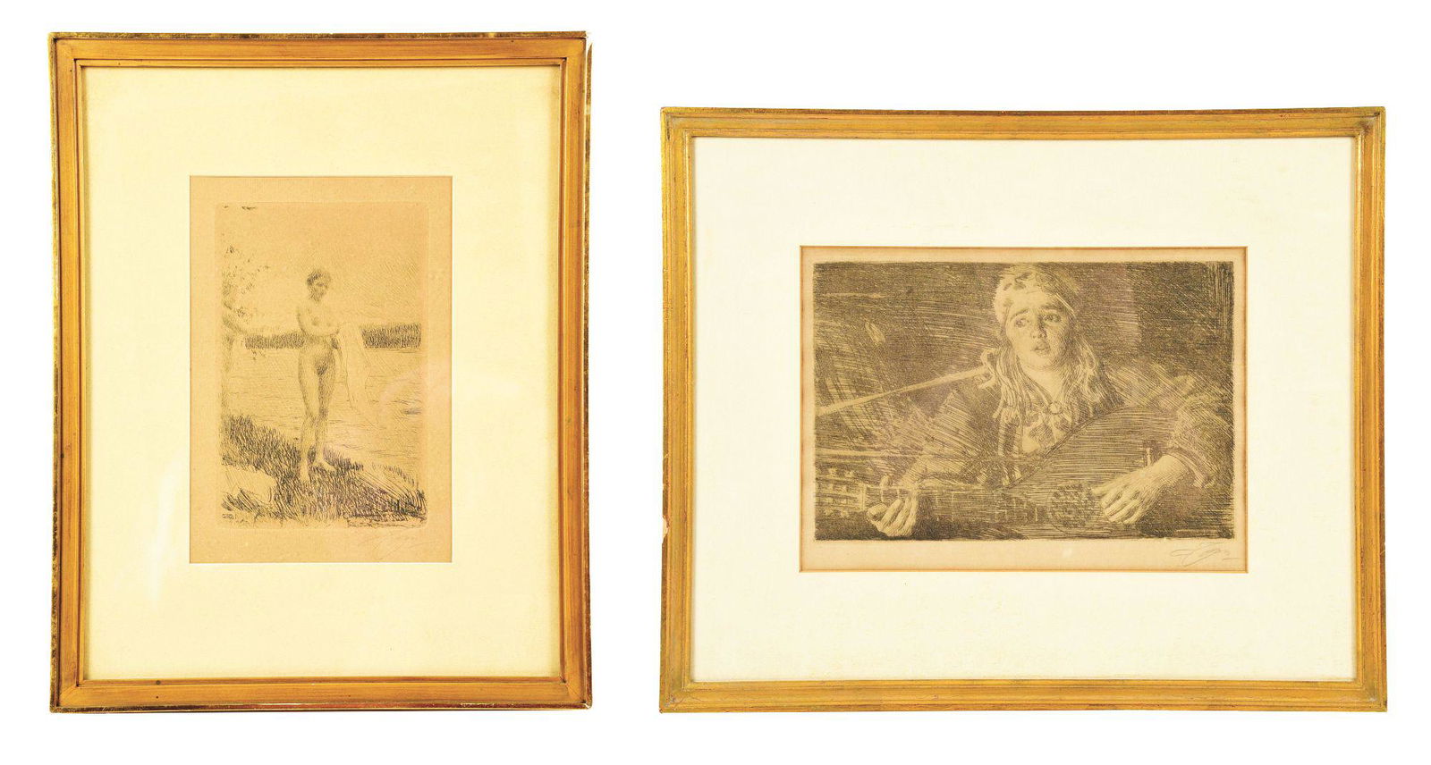 LOT OF 2: ANDERS ZORN (1860-1920) DAL RIVER AND GIRL: Both signed lower right. Zorn was reared in the rural Swedish province of Dalarna. A chance meeting with Isabella Stewart Gardiner initiated a long friendship and patronage. In November of 1893, the F