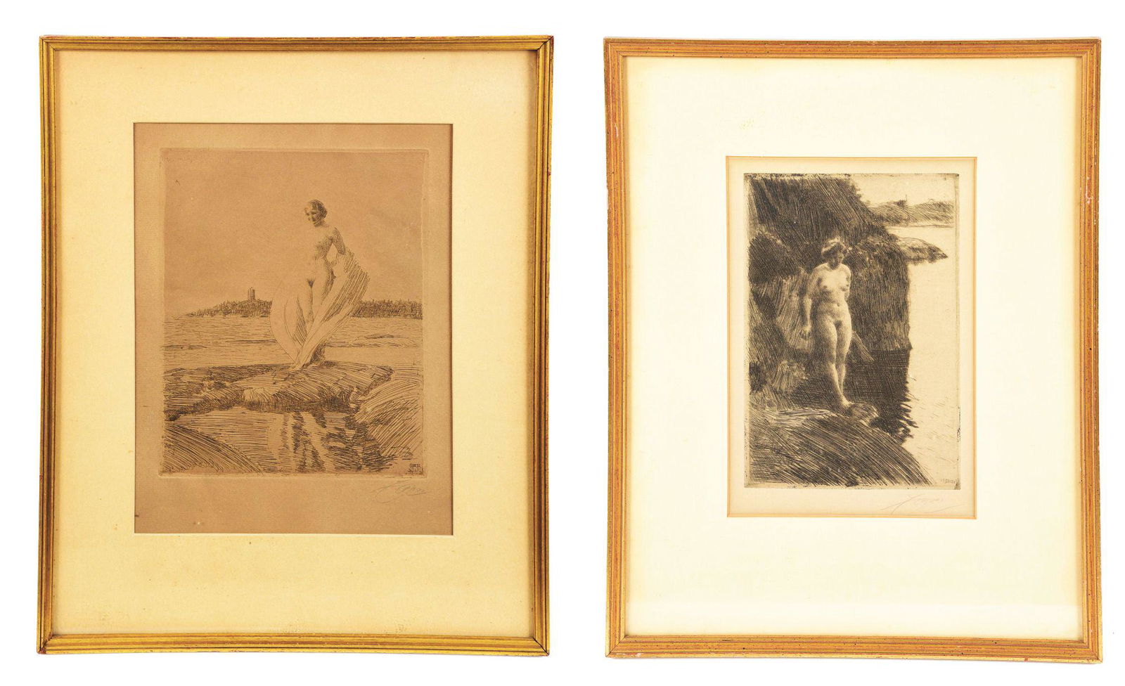 LOT OF 2: ANDERS ZORN (1860 - 1920) THE SWAN AND A: Signed lower right. Anders Zorn, the celebrated painter and print-maker, rose from humble beginnings to become a celebrity in Europe and America. member of the Zorn was born out of wedlock to a German