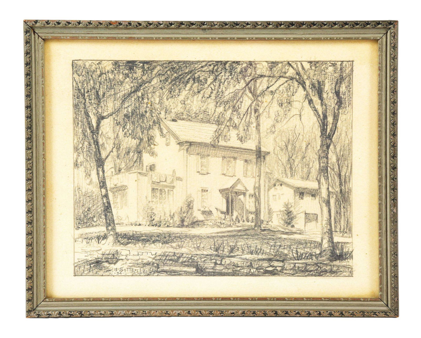 GEORGE WILLIAM SOTTER (PENNSYLVANIA 1879-1953) SPRING: Graphite on paper. Dated on reverse 1934 with a personal inscription from George Sotter and his wife. George W. Sotter lived in Holicong, Pennsylvania, near New Hope. He painted landscape scenes of Bu