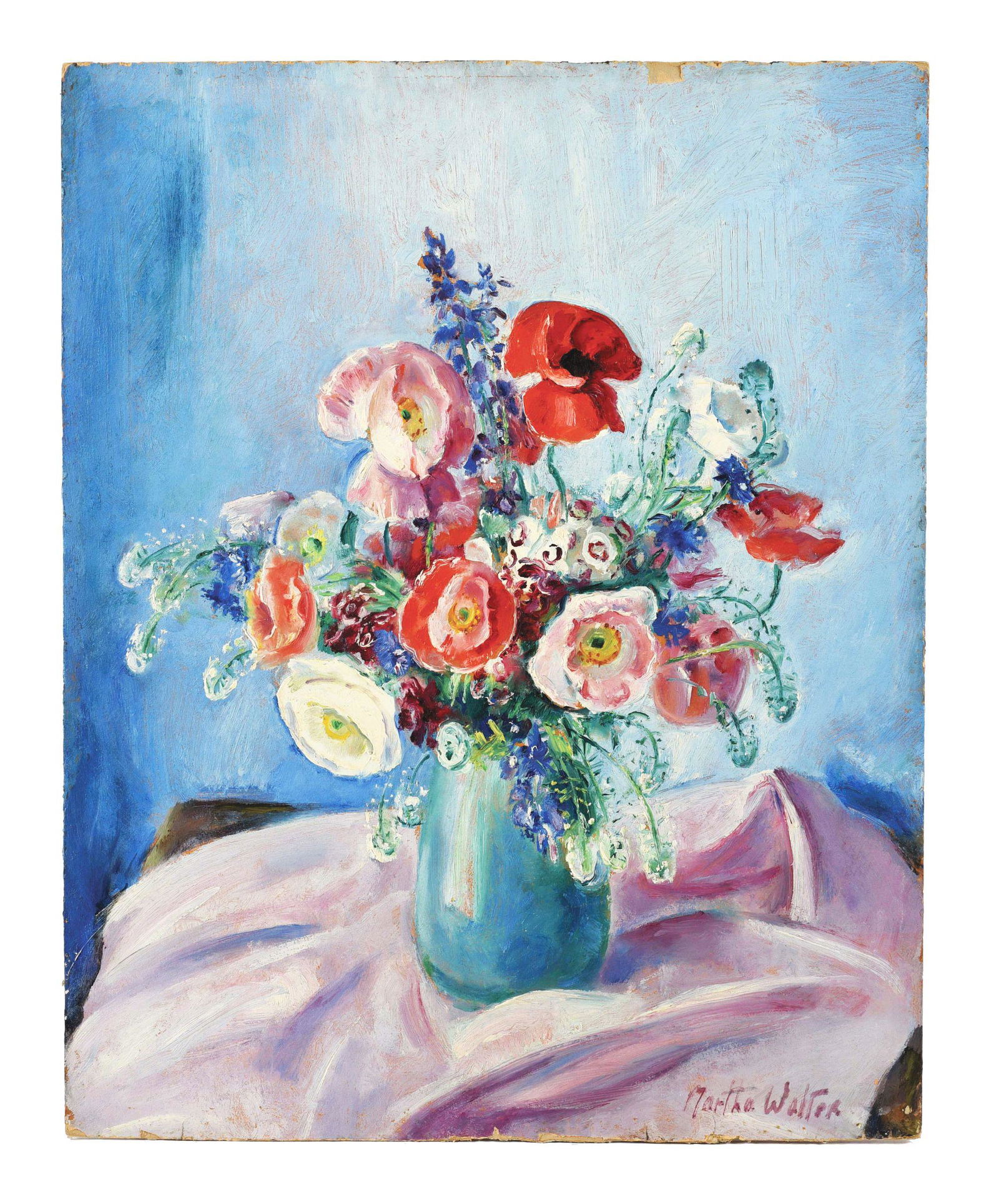 MARTHA WALTER (AMERICAN, 1875-1976) VASE OF POPPIES: An unframed impressionist painting of a vase of poppies on a blue background, attributed to Martha Walter (1875-1976). A Philadelphia native, she studied at the Pennsylvania Museum and School of Indus