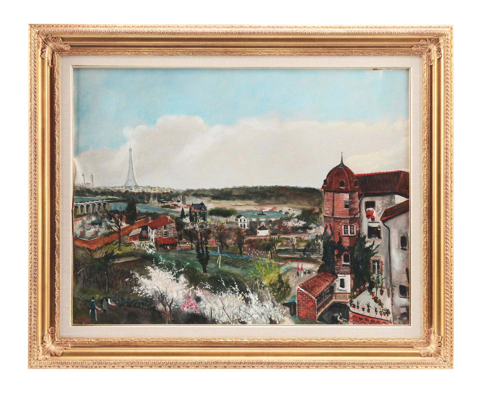 LUCIEN ADRION (FRENCH, 1889 - 1953) JARDINS DE LA VILLE: Minor damage and wrinkling to canvas. Needs to be re-stretched. Artist: LUCIEN ADRION (French, 1889 - 1953) Condition: Good colors, with T shaped restoration, 2" tear, canvas loose. Frame: Molded gilt