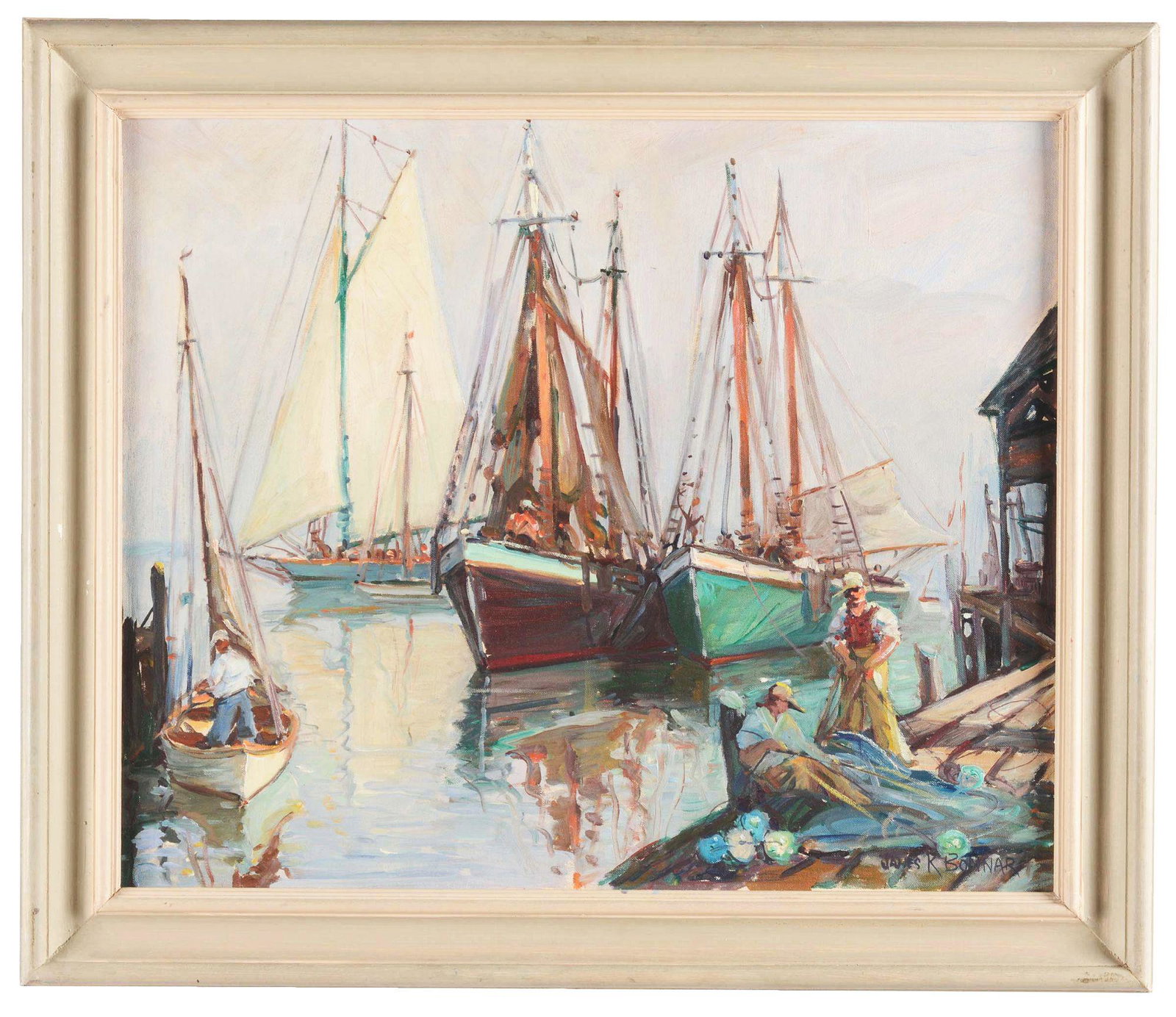 JAMES KING BONNAR (AMERICAN, 1883/85-1961) THE HARBOR.: Inscribed on verso "The Harbor by James K. Bonnar $85". Artist: JAMES KING BONNAR (American, 1883/85-1961) Condition: Very good. Frame: White painted wood frame. Medium: Oil on canvasboard Signature: 