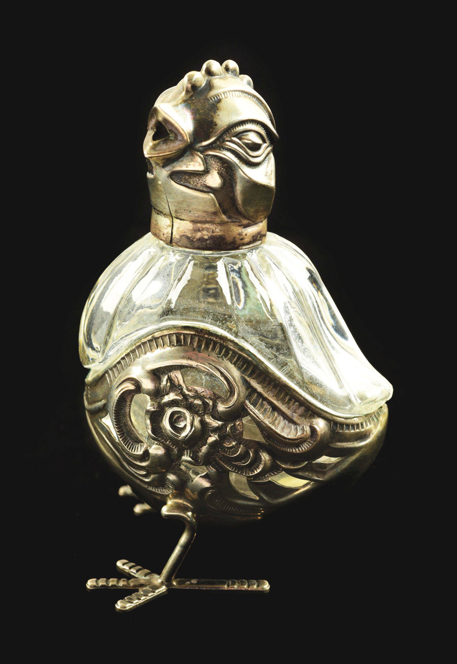 .800 SILVER AND CRYSTAL CHICKEN PERFUME BOTTLE.: Head unscrews to reveal bottle with glass stopper. 3" tall. No damage or repairs. Condition: (Excellent). Dimensions: 3” x 1 - 3/4” x 1 - 3/4”.