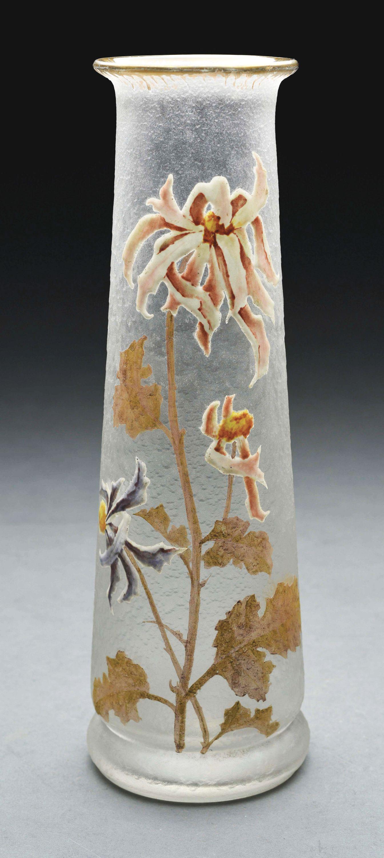 MOUNT JOY ENAMELED ART GLASS VASE.: Decorated and etched with floral highlights. Signed under base "Mount Joy". Condition: (Excellent). Dimensions: 12 - 1/4" x 4 - 1/4" x 4 - 1/4".