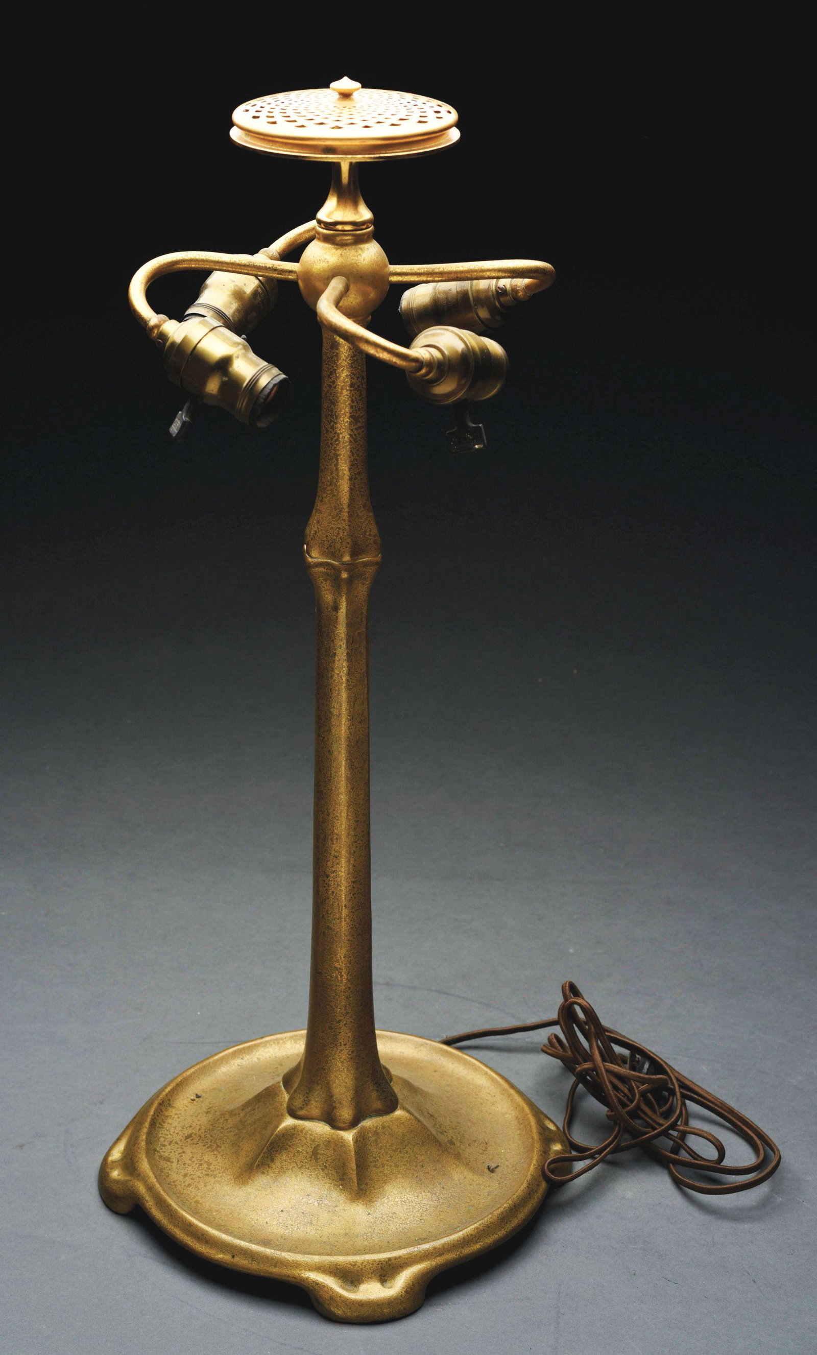 TIFFANY STUDIOS BRONZE LAMP BASE.: Tiffany Studios lamp base comes in original gold dore finish. Stamped "Tiffany Studios New York 531". Condition: (Excellent). Dimensions: 26 - 1/2" x 10 - 3/4" x 10 - 3/4".