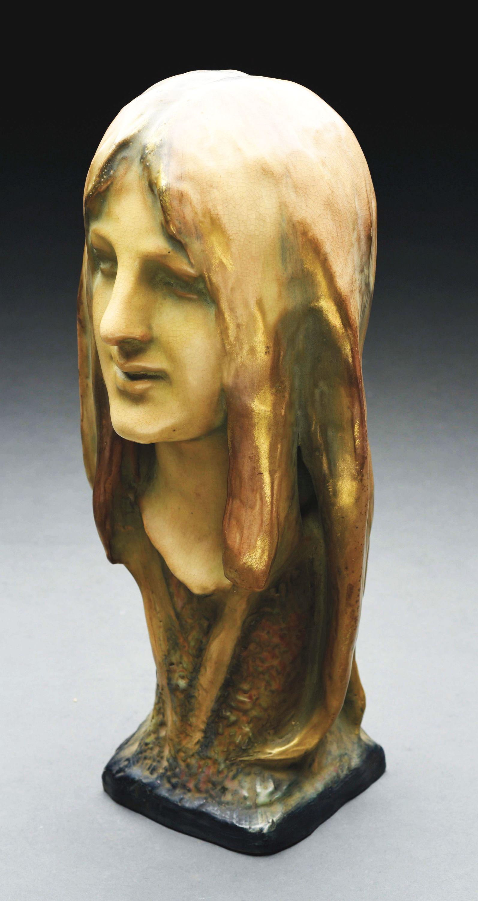 AMPHORA "THE FATES" BUST.: Eduard Stellmacher design. “The Fates”, cream glaze. Painted “379”. 15 - 3/4" high. Illustrated in "The House of Amphora", page 55. Circa 1900. Condition: (Mint). Dimensions: 15 - 3/4" x 7" x 