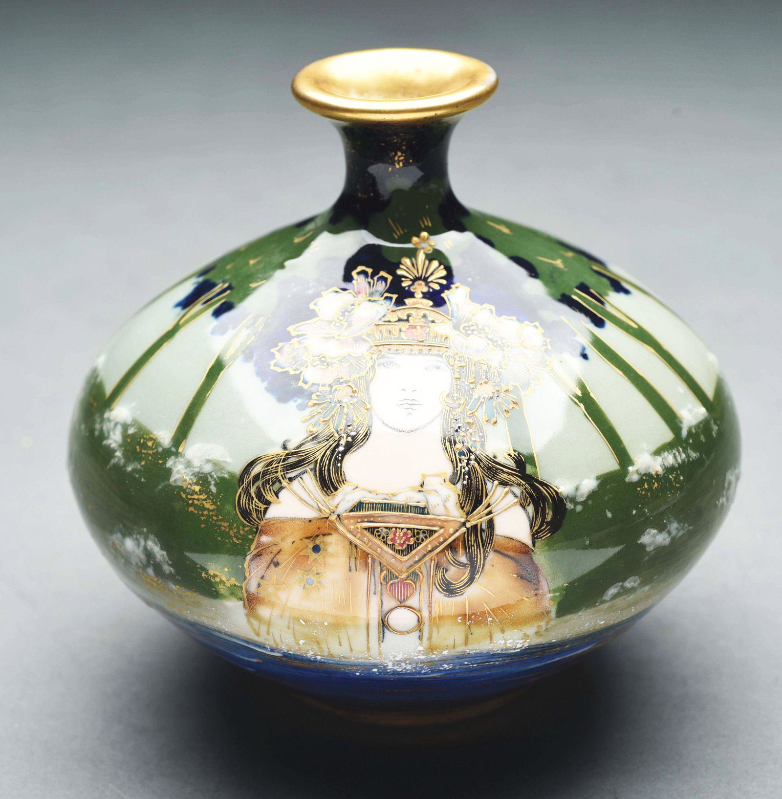 AMPHORA PORTRAIT VASE.: “Lady in the Lake” series. High fired enamel glazes. RSTK mark, impressed "76-11". 5 - 5/8" high. Similar examples illustrated in "Monsters and Maidens: Collectors Edition", Vreeland, pages 116-11