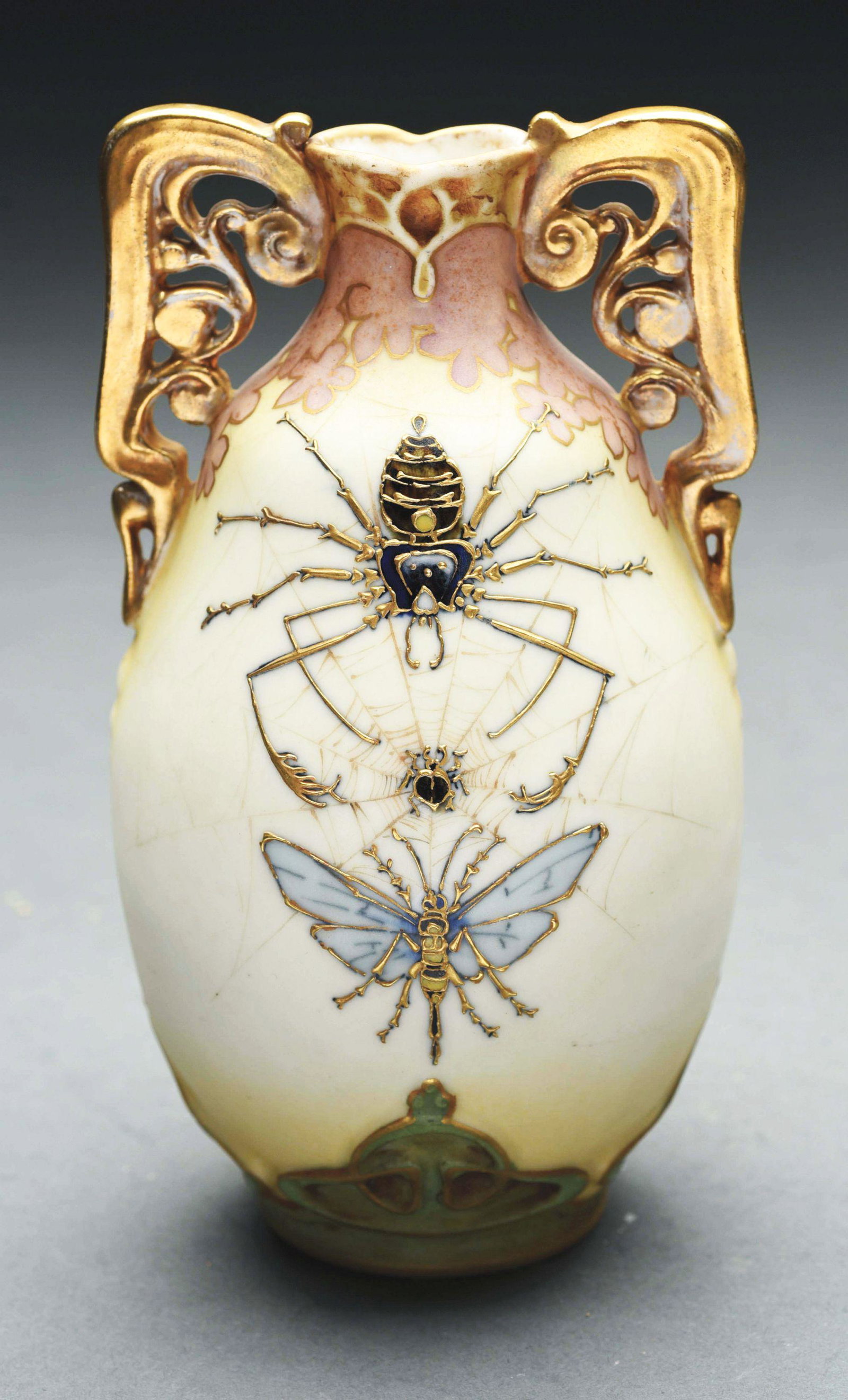 AMPHORA PAUL DACHSEL DESIGNED TWO HANDLED SPIDER AND: Applied stylized gold gilt handles with intricate enameled spiders, and insects on both sides of vase. Impressed "PD" mark on body of vase. Remnants of RSTK mark on the underside. Austrian Oval. This