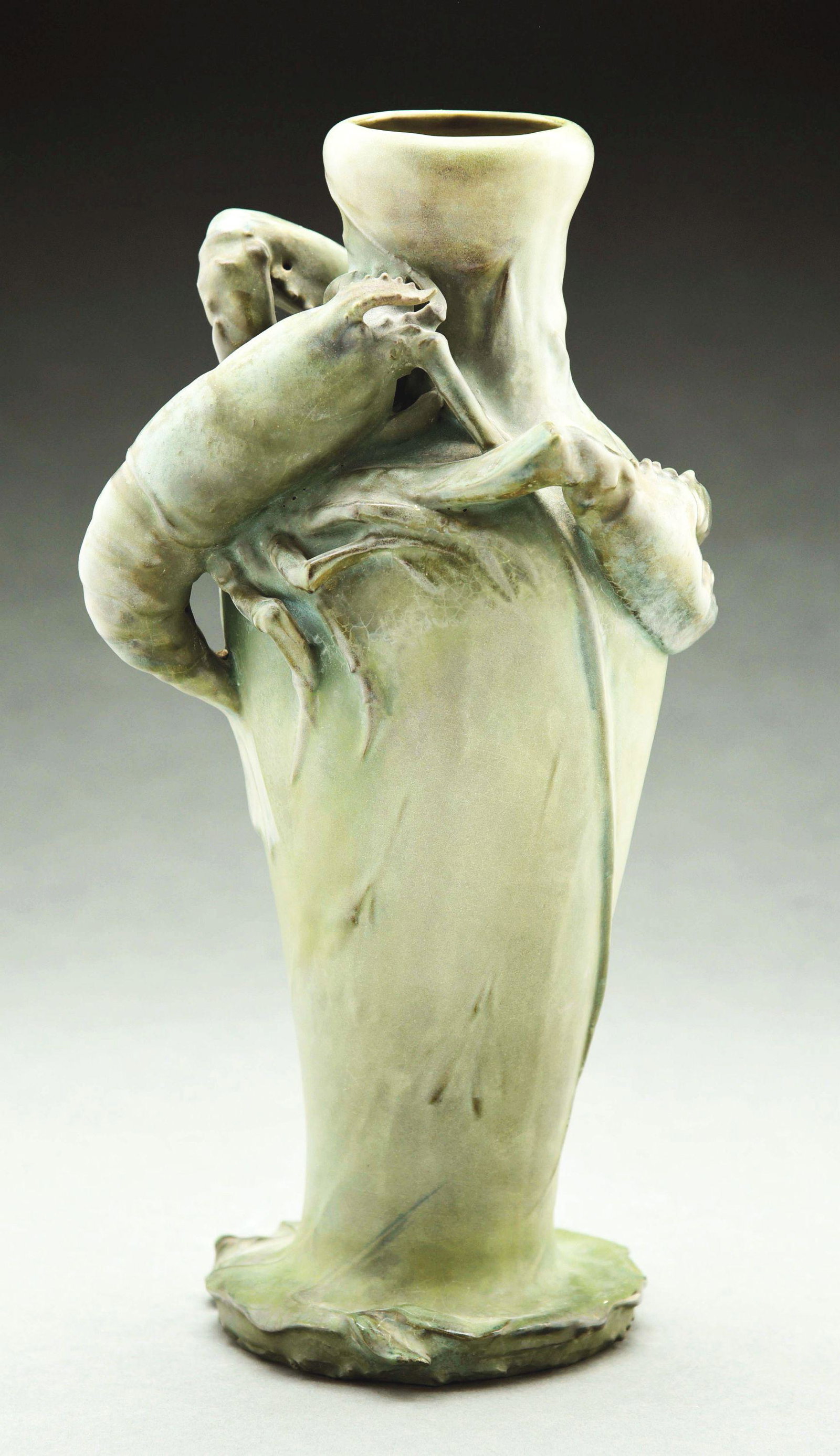 AMPHORA LOBSTER VASE.: Eduard Stellmacher Design. Interesting green glazes. Numbered 6601, 14 - 1/4" high. A similar model illustrated in "The House of Amphora", Scott, page 102. Circa 1900. Condition: (Mint). Dimensions: 1
