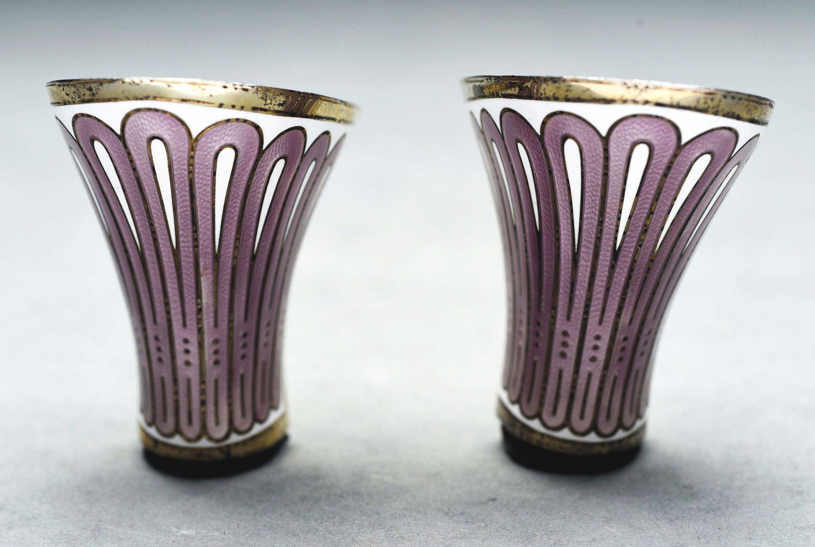 LOT OF 2: FRENCH ENAMELED STERLING HEELS.: 2 - 3/4" in fitted box, hallmarked and marked "ARTALON patent applied". No enamel damage, losses or repairs. Condition: (Excellent). Dimensions: Case: 2 - 7/8" x 4 - 3/4" x 3 - 1/4".