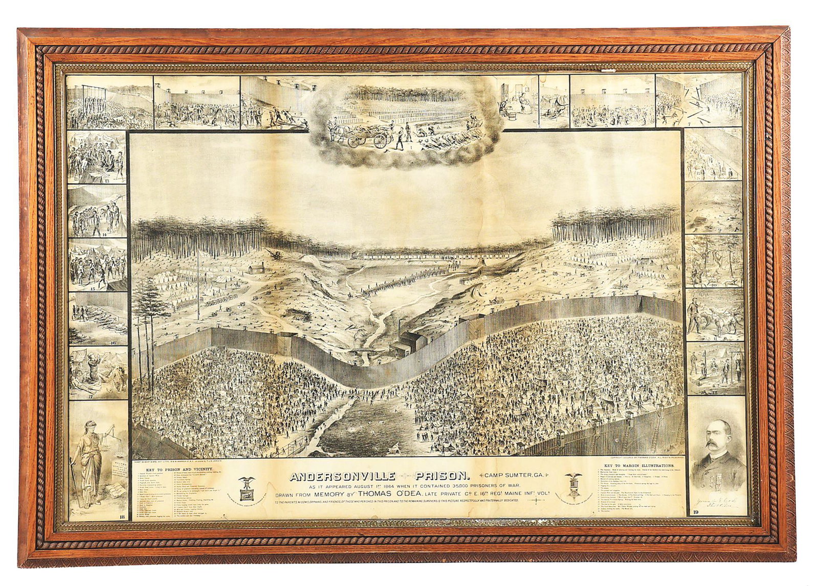 ANDERSONVILLE PRISON CAMP SUMPTER, GA: Lithograph published by Henry Seibert & Bro, New York; undated. Circa 1885. Sight size: 57.5" x 37.5". Framed size: 65" x 45". This is an extremely detailed drawing of Andersonville Prison with hundre