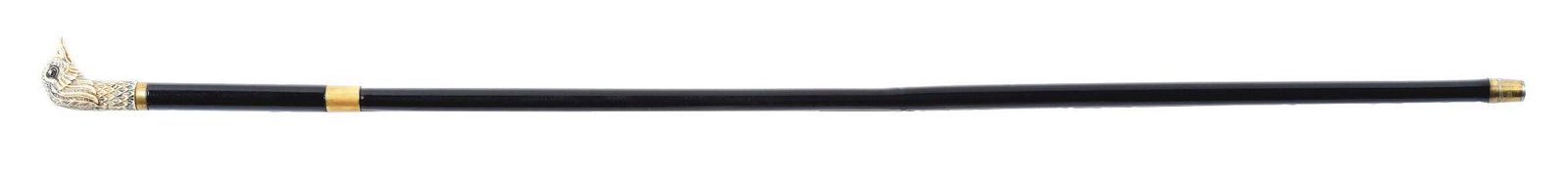CARVED BIRD HEAD SWORD WALKING STICK CANE.: The carved head is 2 - 1/2" high with a 3/8" brass collar. There is a 4 - 1/2" wood shaft handle with a 7/8" brass separator. By pulling on the handle a four-sided 27 - 1/2" sword blade is revealed. T