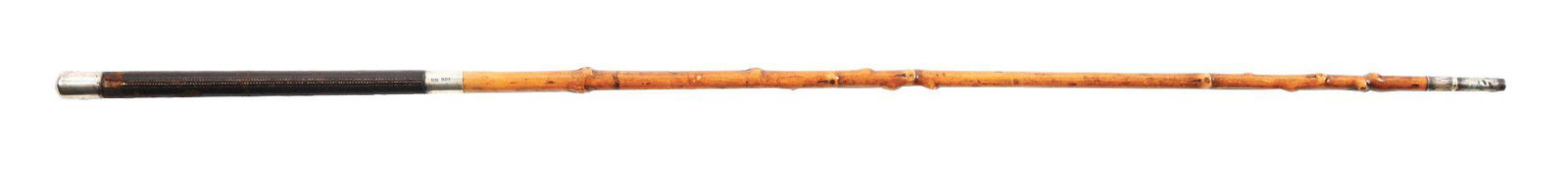 ENGLISH CARRIAGE WALKING STICK CANE.: This is a c. 1905 English carriage walking stick cane of leather and wood with silver knob and collar and maker mark. The maker mark is "S & A": Shaine & Adeney, makers to the King and Queen, 185 Pica