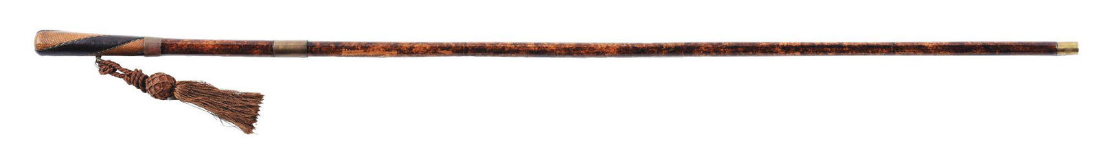 LEATHER AND WOOD HANDLE SWORD WALKING STICK CANE WITH: The leather part of the handle is 3 - 3/4" high with a 1/2" high metal separator. The tassel is attached by a ring to the leather section. Below the leather handle is a section of wood 3 - 3/4" long w