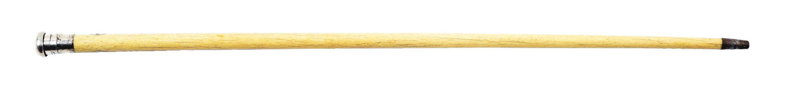 WHALE BONE AND SILVER KNOB WALKING STICK CANE WITH: The mushroom-type silver cap is 1 - 3/4" high by 1 - 1/8" across the top and stamped "2 A". There are two silver triangular eyelets and a 1 - 1/4" metal ferrule. The overall length is 32". Condition: 